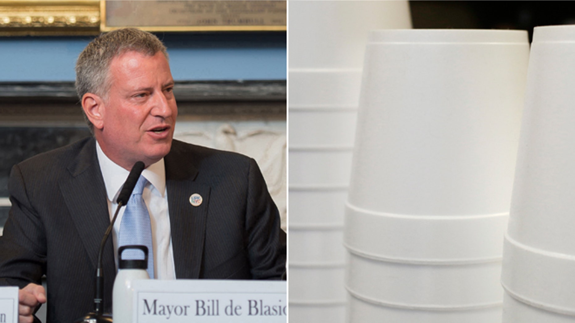 This July 31, 2014 file photo provided by the New York City Mayoral Photography Office shows New York Mayor Bill de Blasio and this Feb. 14, 2013 file photo shows foam soup containers stacked in a New York restaurant.