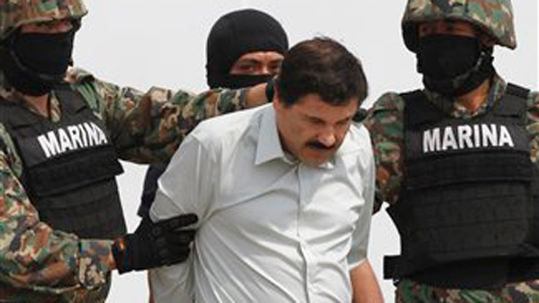 Guzman is escorted to a helicopter by Mexican navy marines in Mexico City, Saturday, Feb. 22, 2014.
