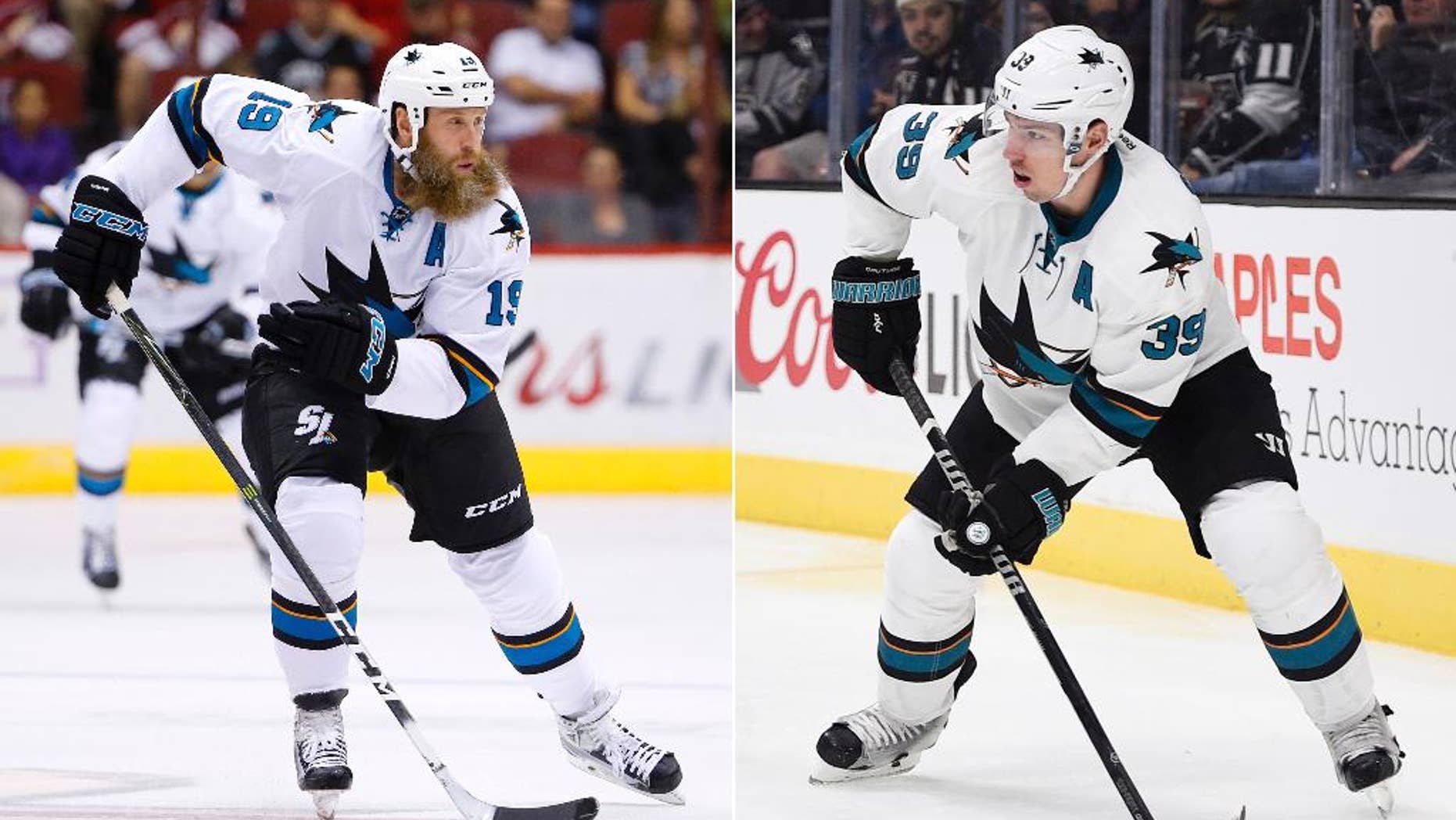FILE - At left, in a Nov. 1, 2016, file photo, San Jose Sharks center Joe Thornton (19) skates to the puck against the Arizona Coyotes during the first period of an NHL hockey game, in Glendale, Ariz. At right, in a Nov. 30, 2016, file photo, San Jose Sharks center Logan Couture (39) skates with the puck during the third period of an NHL hockey game against the Los Angeles Kings in Los Angeles. he Sharks begin preprations for the playoffs with the status of top two centers, Thornton and Couture, in doubt. Thornton has missed three games with an injured left knee and Couture has been out seven games after being hit in the mouth by a puck. (AP Photo/File)