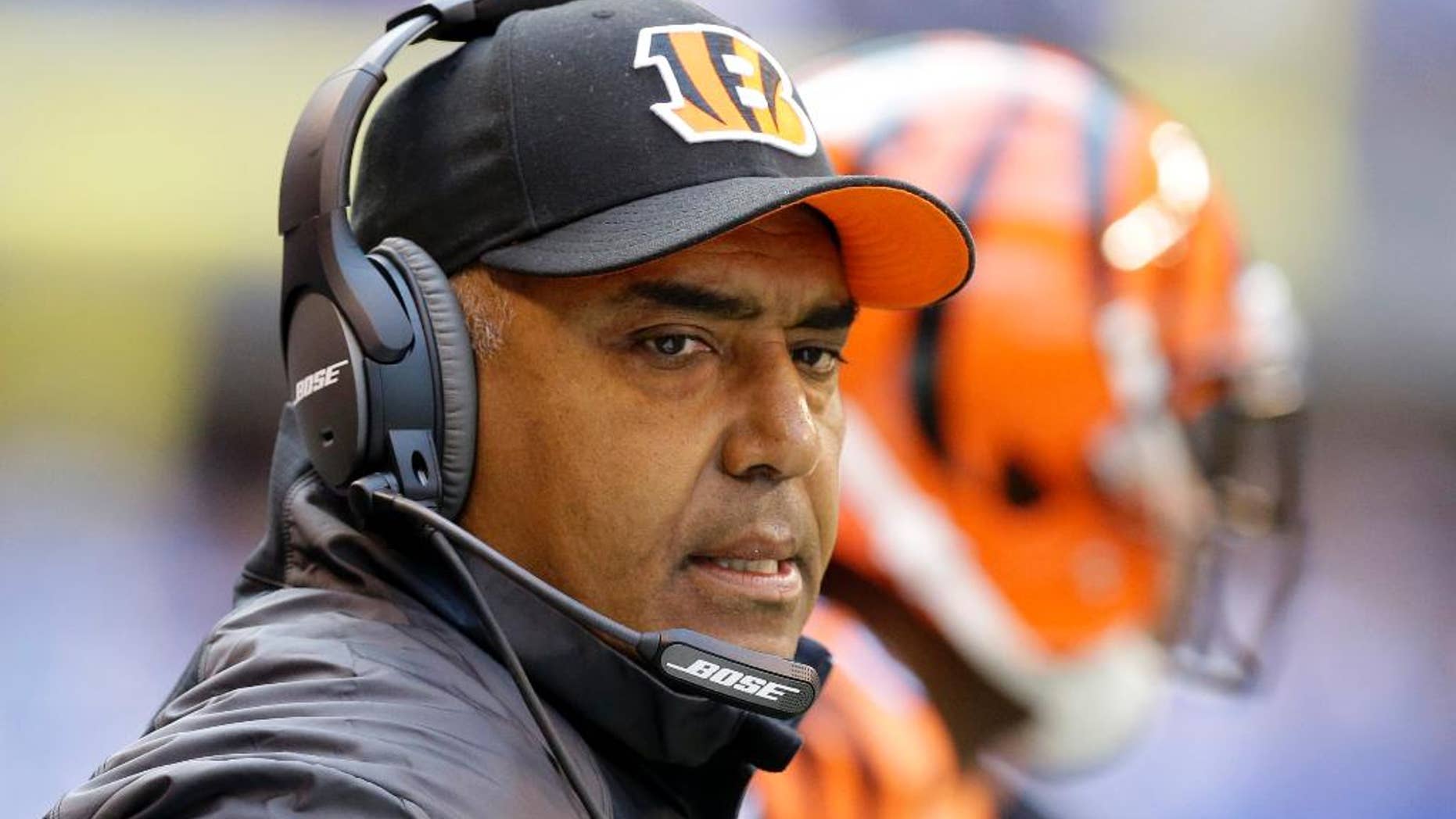 Cincinnati Bengals head coach Marvin Lewis watches from the sideline during the first half of an NFL football game against the Indianapolis Colts, Sunday, Oct. 19, 2014, in Indianapolis. (AP Photo/Michael Conroy)