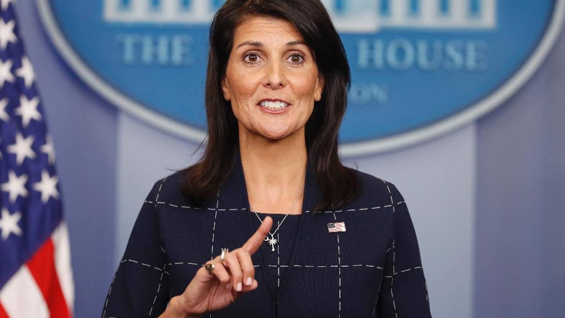 U.S. Ambassador to the UN Nikki Haley speaks to the media during the daily briefing in the Brady Press Briefing Room of the White House in Washington, Monday, April 24, 2017. (AP Photo/Pablo Martinez Monsivais)