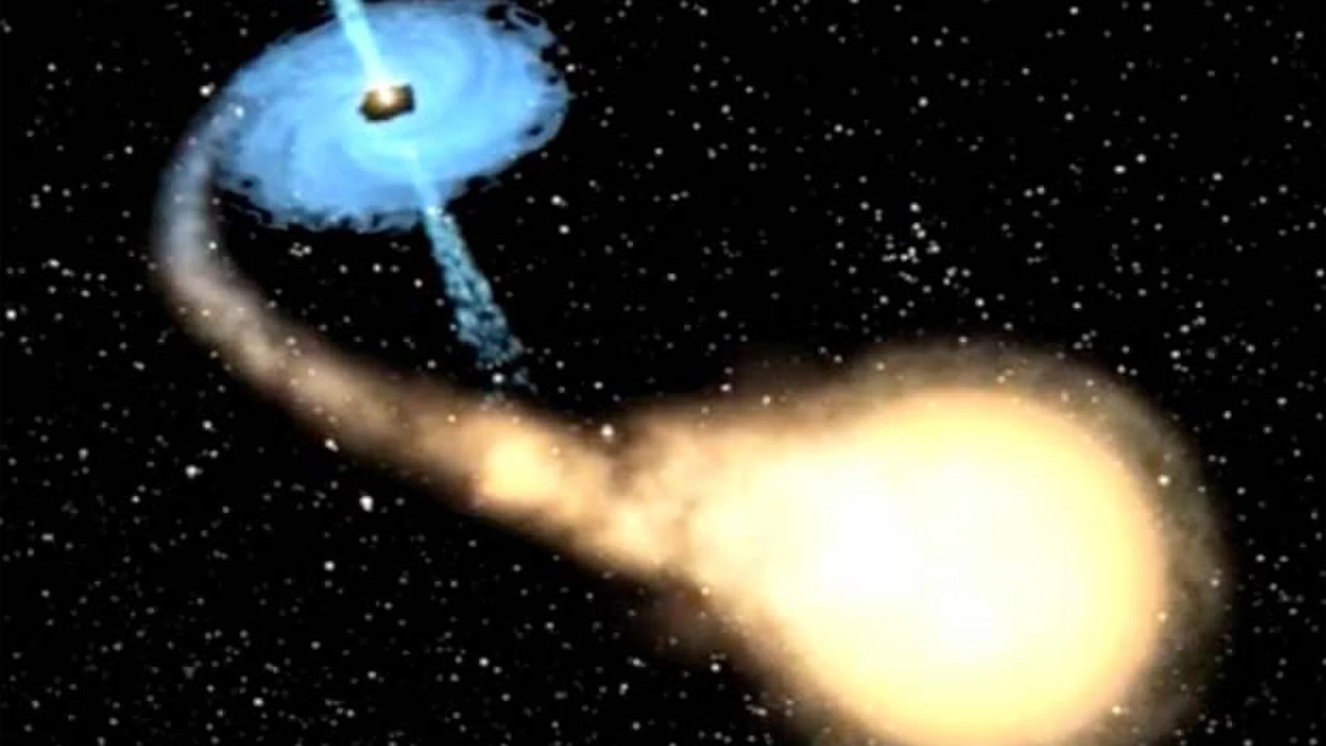 An artist’s illustration of a white dwarf (foreground) interacting with a black hole. Credit: A. Hobart/NASA/CXC