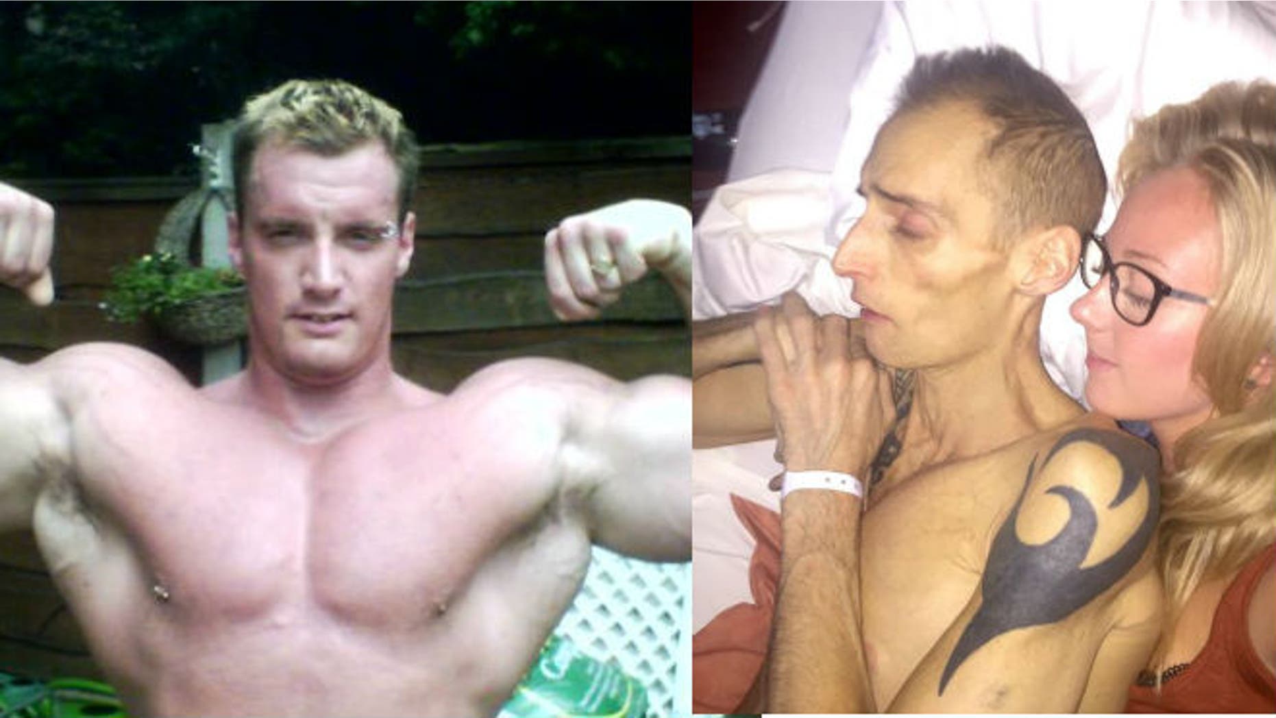 Wharmby in 2007 (left) and in July 2015 (right, with his partner, Charlotte) (images via Facebook)