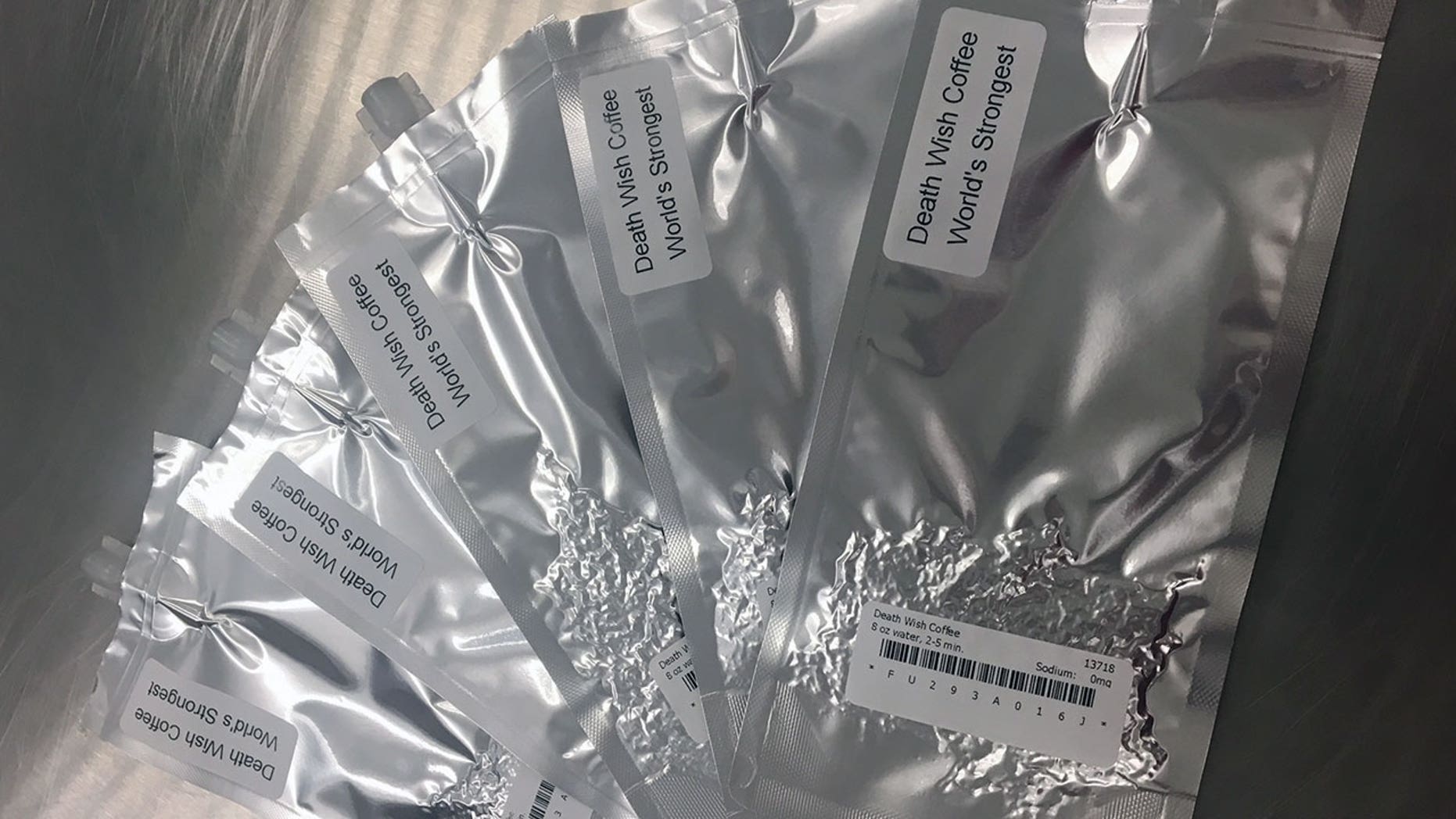 Death Wish Coffee freeze-dried coffee packets as prepared for the International Space Station Expedition 56 crew.
