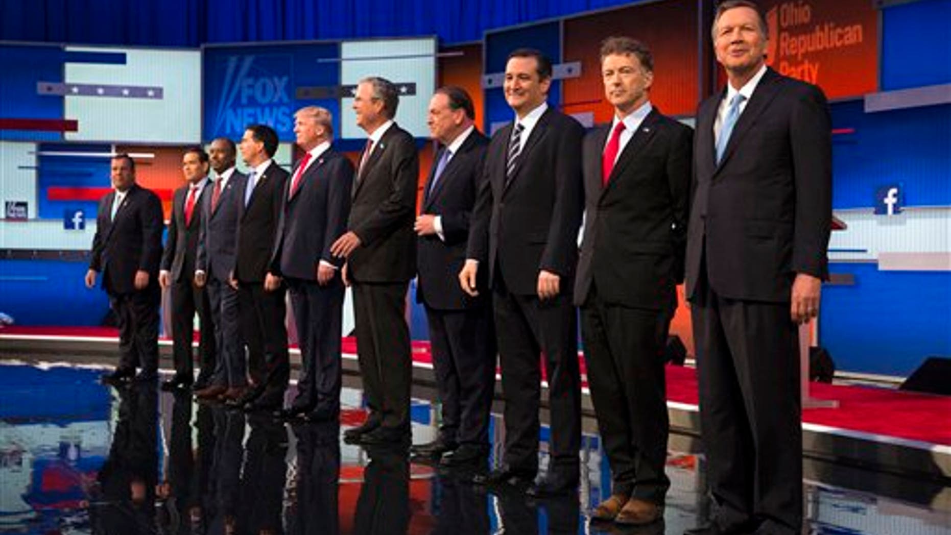 Republican presidential candidates from left, Chris Christie, Marco Rubio, Ben Carson, Scott Walker, Donald Trump, Jeb Bush, Mike Huckabee, Ted Cruz, Rand Paul, and John Kasich take the stage for the first Republican presidential debate at the Quicken Loans Arena Thursday, Aug. 6, 2015, in Cleveland. (AP Photo/John Minchillo)