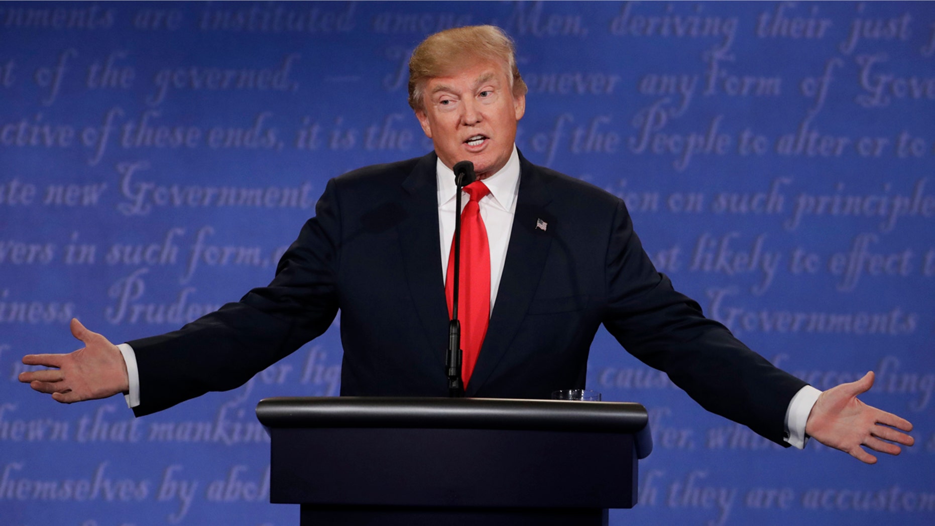 Republican presidential nominee Donald Trump speaks during the third presidential debate with Democratic presidential nominee Hillary Clinton at UNLV in Las Vegas, Wednesday, Oct. 19, 2016. (AP Photo/David Goldman)