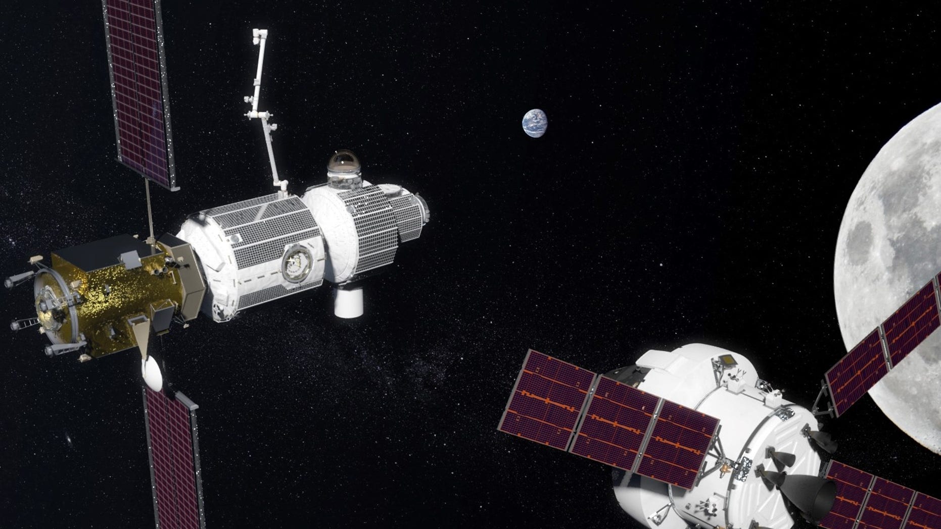 An artist's illustration of NASA's Deep Space Gateway, which the space agency aims to be humanity's foothold for deep-space exploration beyond Earth orbit.