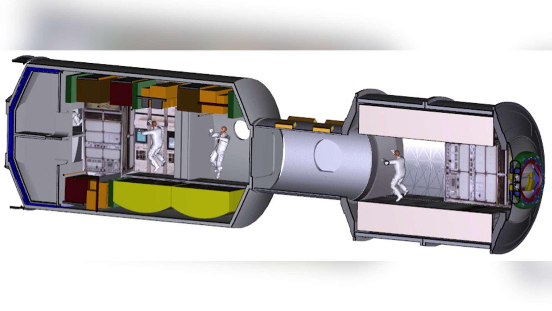 The ISS-derived Deep Space Habitat concept demonstrator evaluation will focus on the following elements, from left to right, Lab/Hab, tunnel, and Multi-Purpose Logistics Module. (NASA)