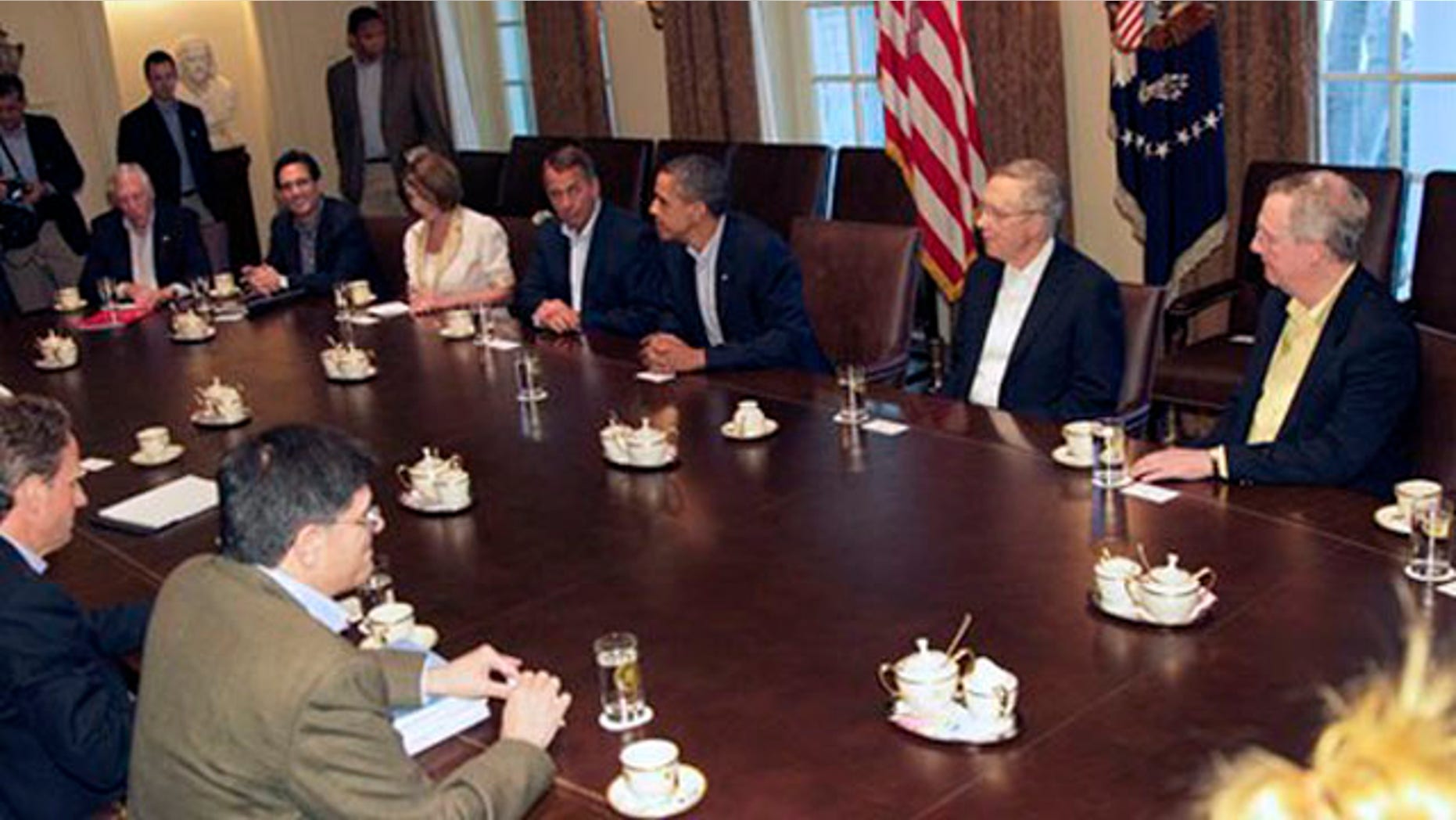 Sunday: House Minority Whip Steny Hoyer, House Majority Leader Eric Cantor, House Democratic Leader Nancy Pelosi, House Speaker John Boehner, President Obama, Senate Majority Leader Harry Reid and Senate Minority Leader Mitch McConnell meet in the Cabinet Room of the White House to discuss the deficit.