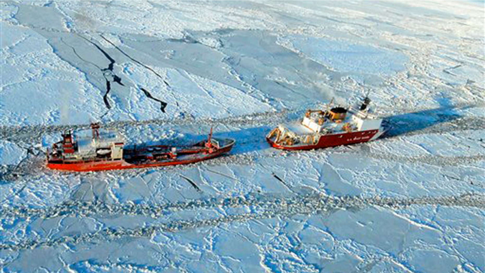 Jan 6, 2012: The Coast Guard Cutter Healy breaks ice around the Russian-flagged tanker Renda 250 miles south of Nome. The Healy is the Coast Guard's only currently operating polar icebreaker.