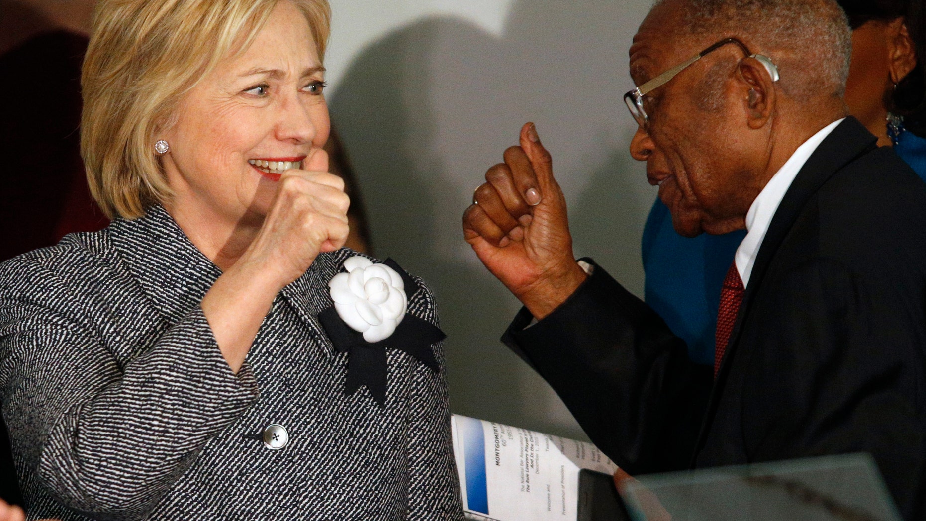 Dec. 1, 2015: Democratic presidential candidate Hillary Clinton greets and gives a thumbs-up to Fred Gray, Rosa Parks former attorney, before speaking at the Dexter Avenue King Memorial Baptist Church in Montgomery, Ala.