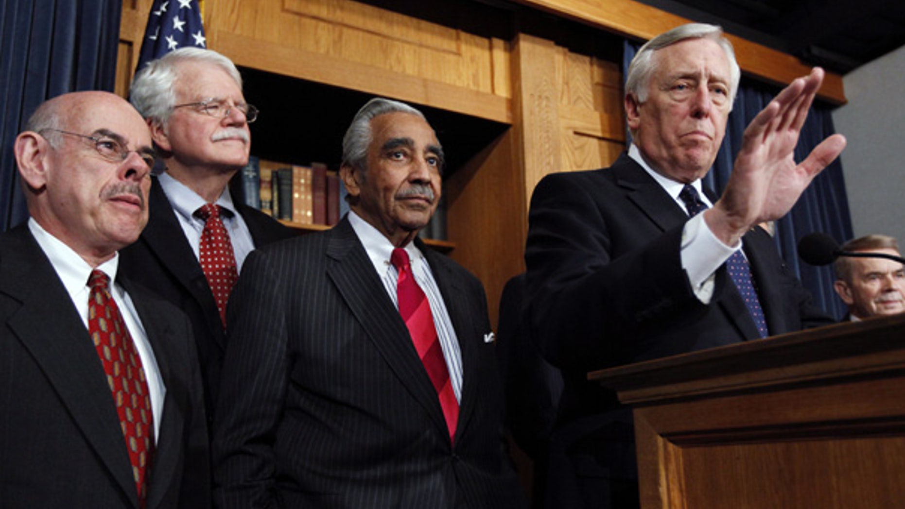 Mar. 25: House Majority Leader Steny Hoyer, front right, and other House Democrats speak to the media following the passage of the health overhaul bill.