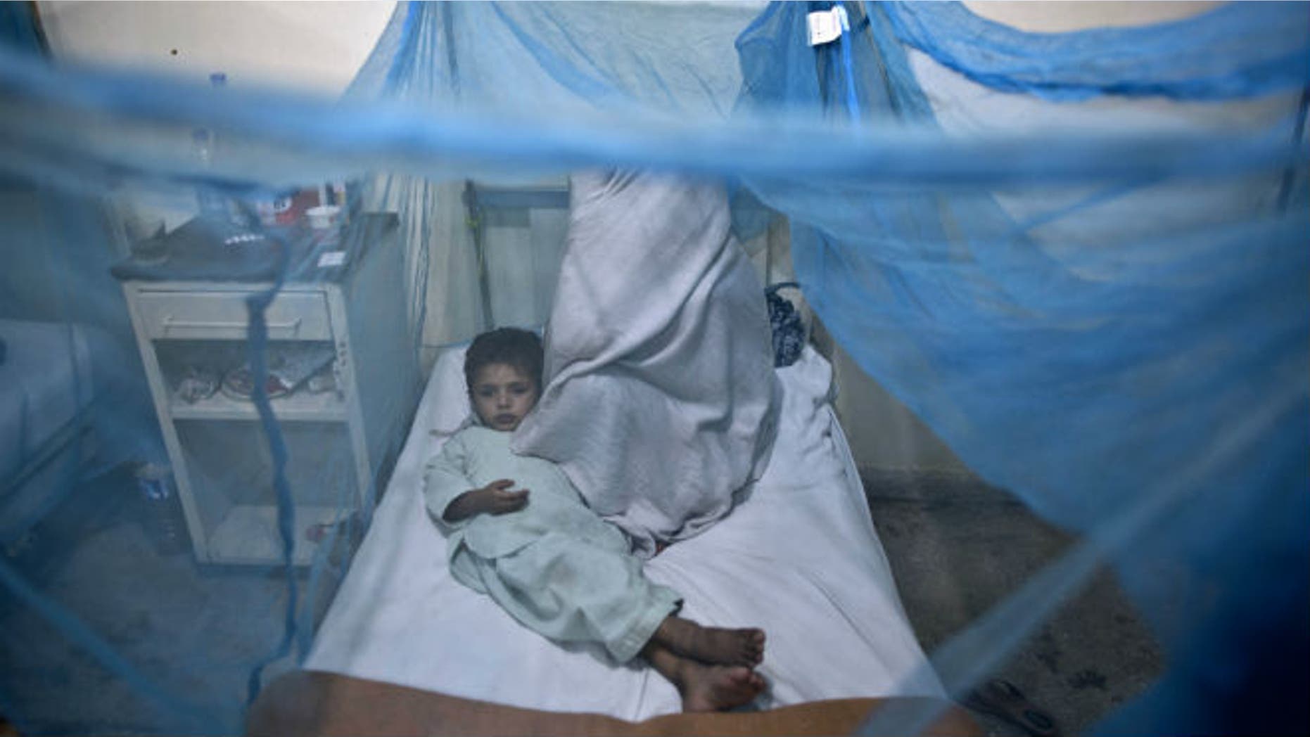 In this file photo taken Monday, Nov. 11, 2013, a Pakistani child suffering from the mosquito-borne disease, dengue fever, lies in a bed, next to his mother, covered with a net at an isolation ward of a hospital in Rawalpindi, Pakistan. (AP Photo/Muhammed Muheisen, File)
