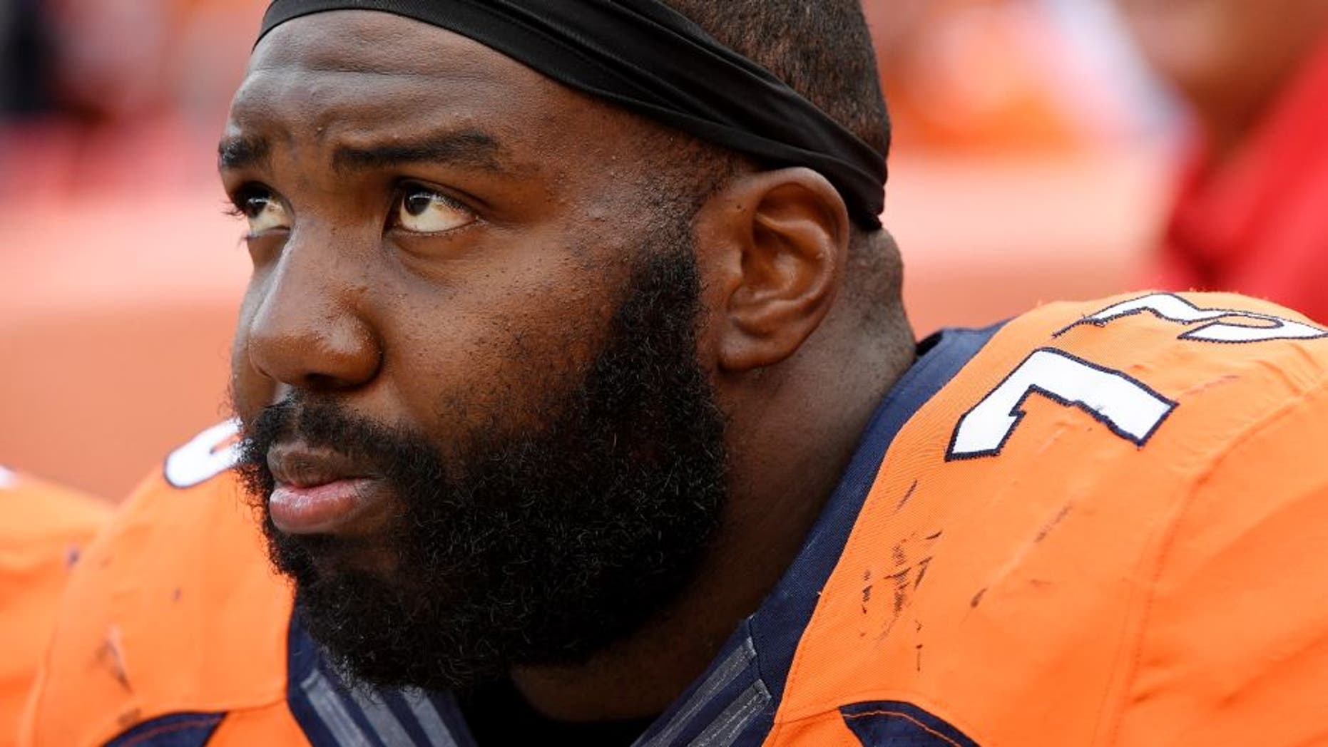 DENVER, CO - OCTOBER 09: Russell Okung (73) of the Denver Broncos watches the action late against the Atlanta Falcons from the bench during the fourth quarter of the Falcons' 23-16 win. The Denver Broncos hosted the Atlanta Falcons on Sunday, October 9, 2016. (Photo by Joe Amon/The Denver Post via Getty Images)