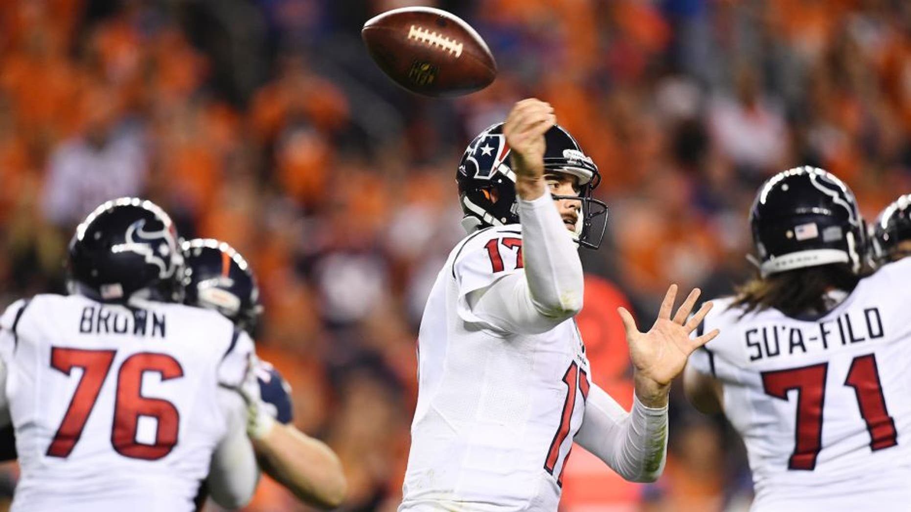 DENVER, CO - OCTOBER 24: Brock Osweiler (17) of the Houston Texans loses the ball against the Denver Broncos during the third quarter on Monday, October 24, 2016. The Denver Broncos hosted the Houston Texans. (Photo by Helen H. Richardson/The Denver Post via Getty Images)