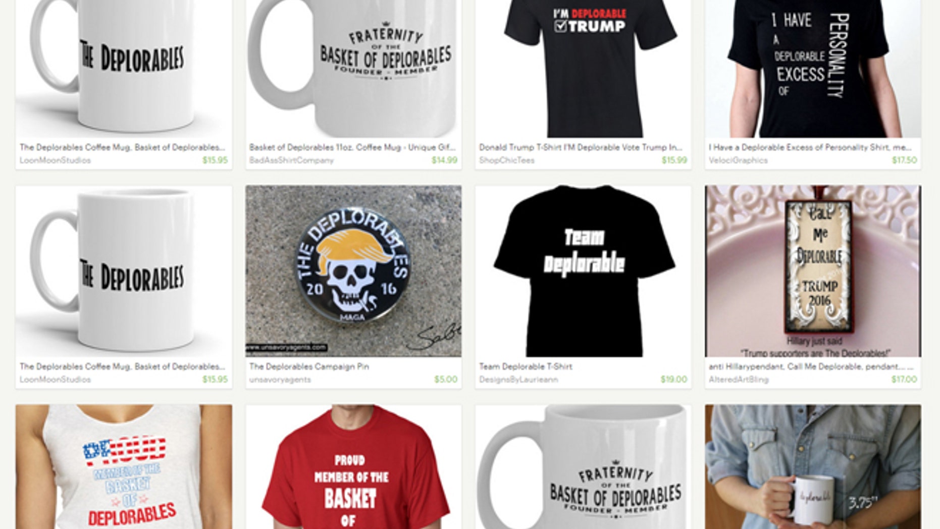 This Sept. 12, 2016 screenshot of the ecommerce website Etsy shows a host of "Basket of Deplorables" merchandise available.
