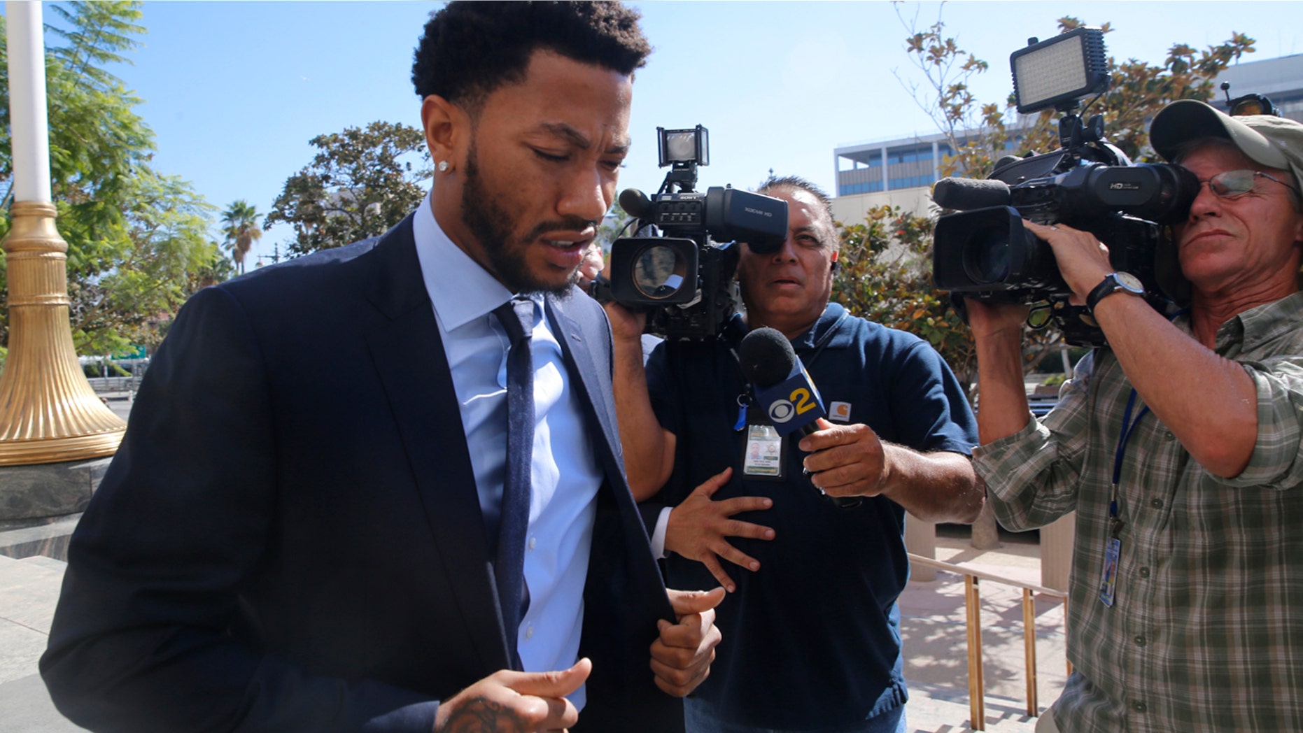 Oct. 6, 2016: New York Knicks basketball player Derrick Rose arrives at U.S. District Court in downtown Los Angeles.