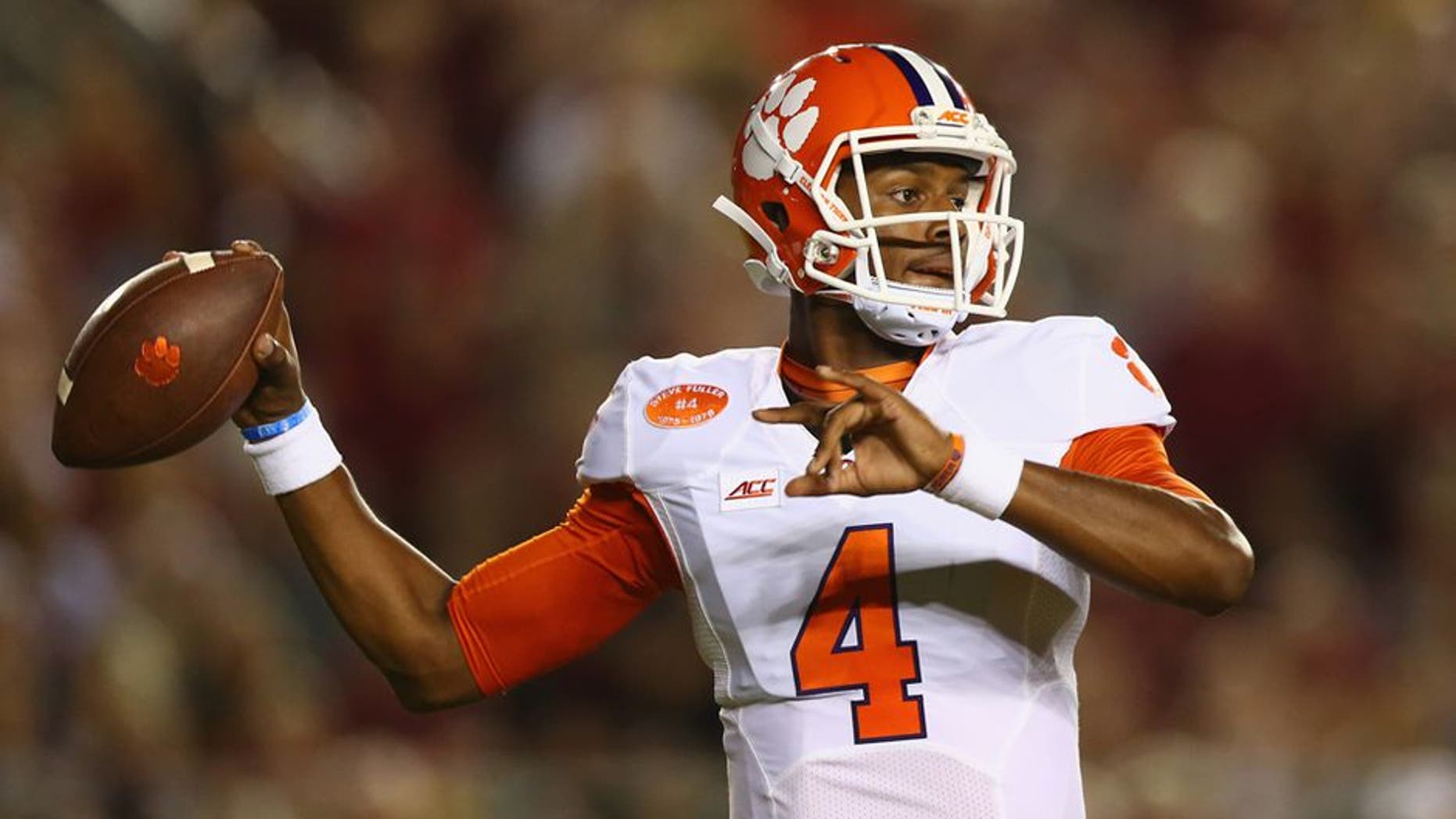 TALLAHASSEE, FL - SEPTEMBER 20: Deshaun Watson #4 of the Clemson Tigers throws against the Florida State Seminoles at Doak Campbell Stadium on September 20, 2014 in Tallahassee, Florida. (Photo by Ronald Martinez/Getty Images)