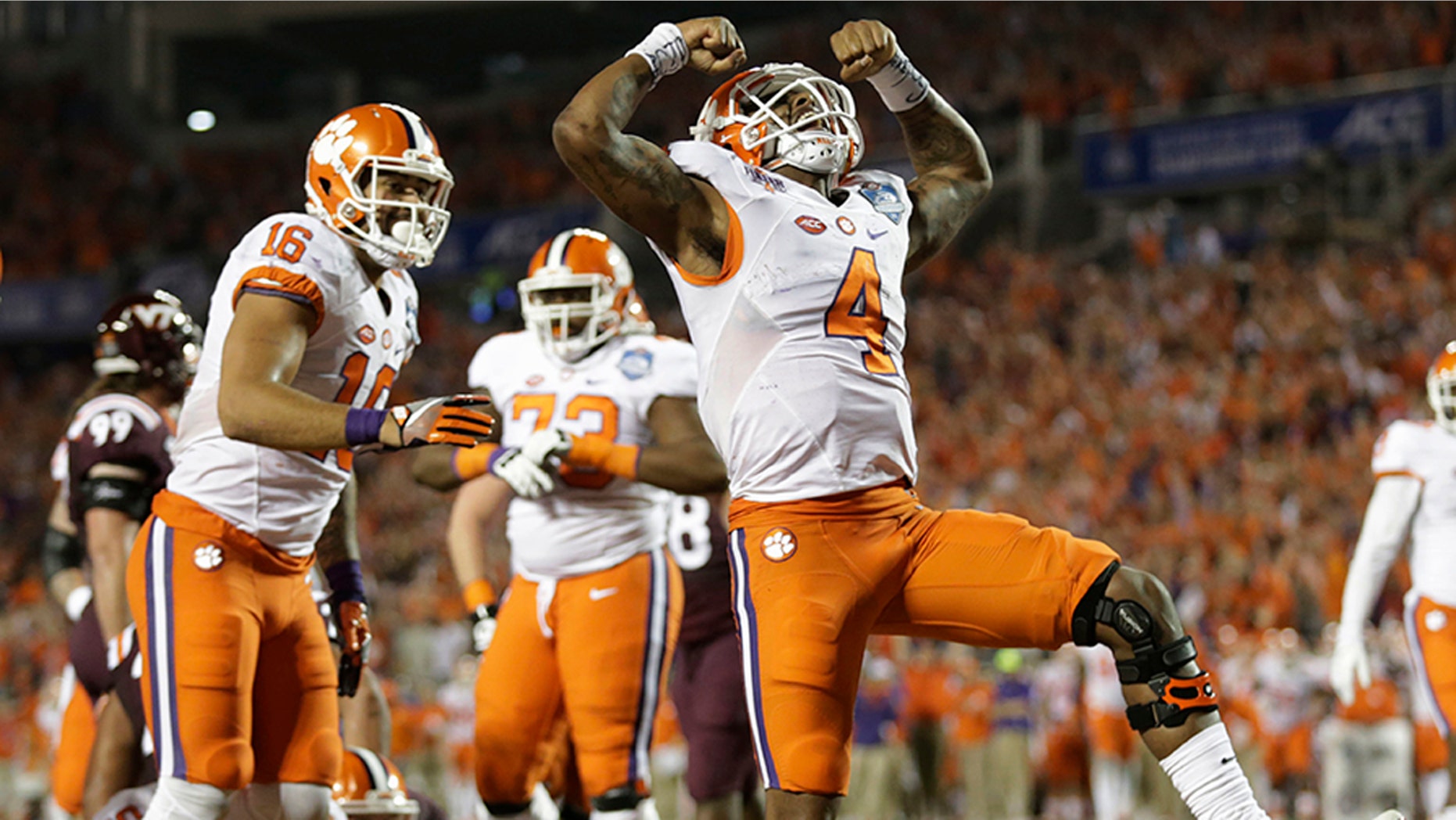 Dec. 3, 2016: Clemson quarterback Deshaun Watson (4) celebrates his touchdown during the second half of the ACC championship game against Virginia Tech in Orlando, Fla.