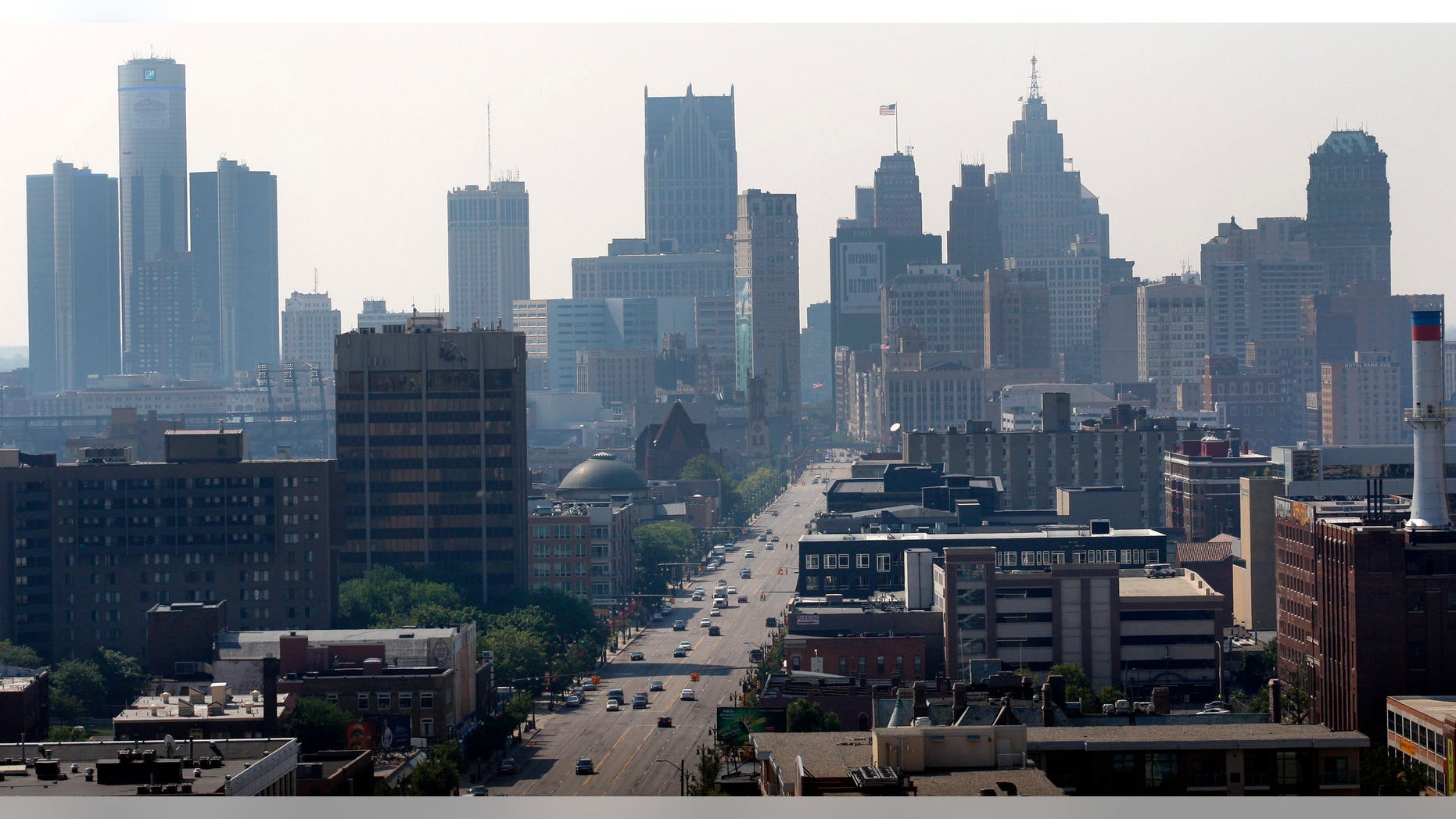 The Detroit skyline is seen looking south down Woodward Avenue on Friday.