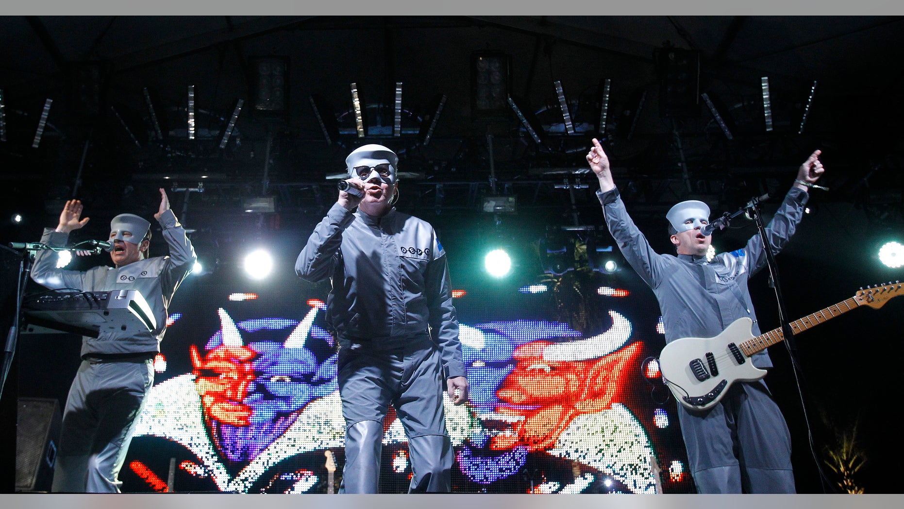 Mark Mothersbaugh (C), Bob Mothersbaugh (R) and Bob Casale of "Devo" perform at the Coachella Music Festival in Indio, California April 17, 2010. REUTERS/Mario Anzuoni (UNITED STATES - Tags: ENTERTAINMENT PROFILE) - RTR2CYMM