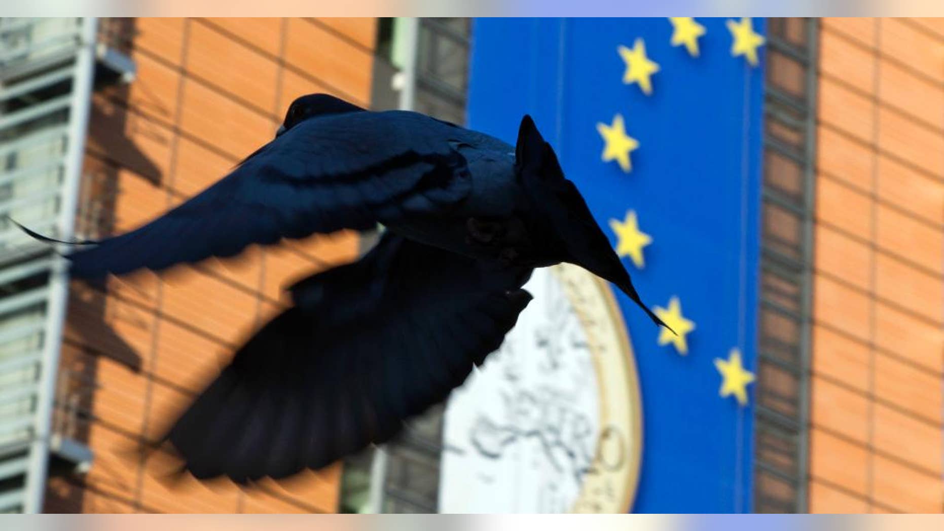 WITH STORY BRITAIN EU FUTURE - In this Nov. 20, 2012 file photo, a bird flies in front of a giant banner for the euro currency in front of EU headquarters in Brussels. Issues such as migration, economic stagnation and terror attacks could weigh heavily on voters minds when they go to the polls to cast their ballot during the In-Out EU referendum which takes place on June 23, 2016. (AP Photo/Virginia Mayo, File)