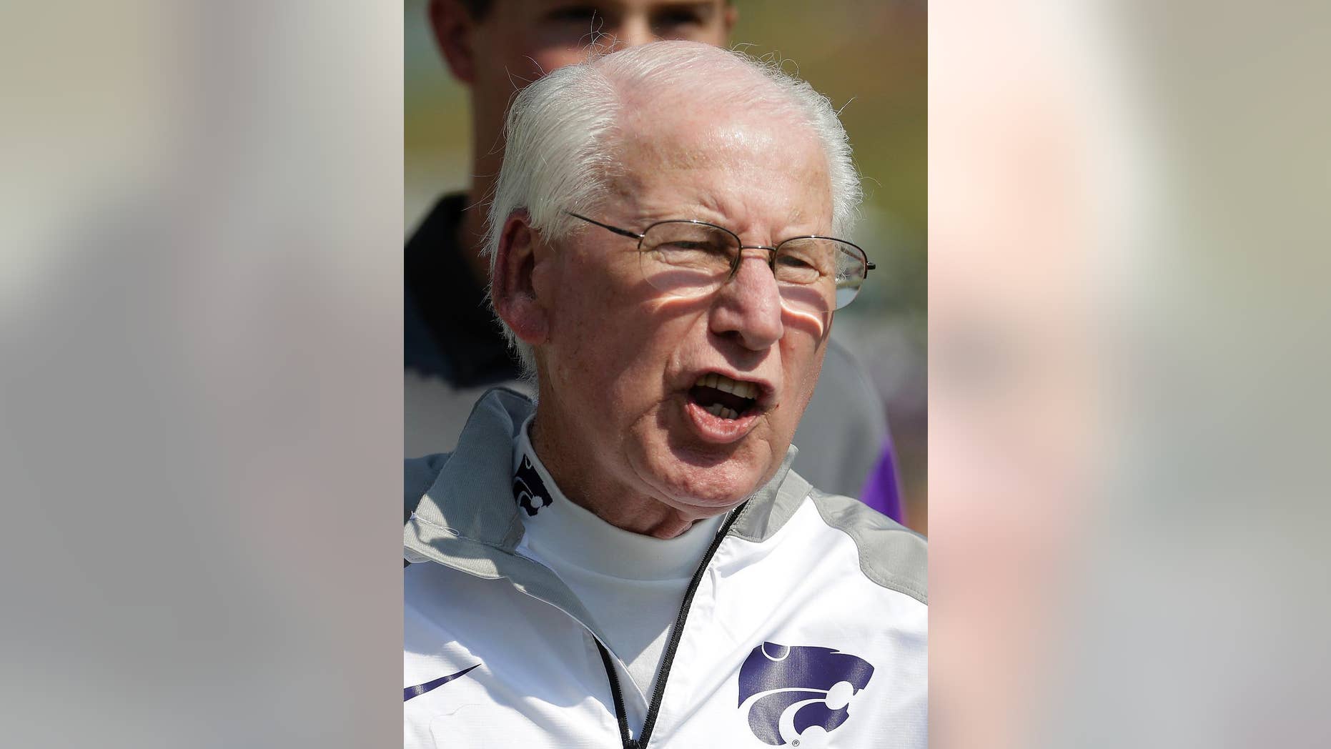 Kansas State head coach Bill Snyder talks to an official during the first half of an NCAA college football game against UTEP, Saturday, Sept. 27, 2014, in Manhattan, Kan. (AP Photo/Charlie Riedel)
