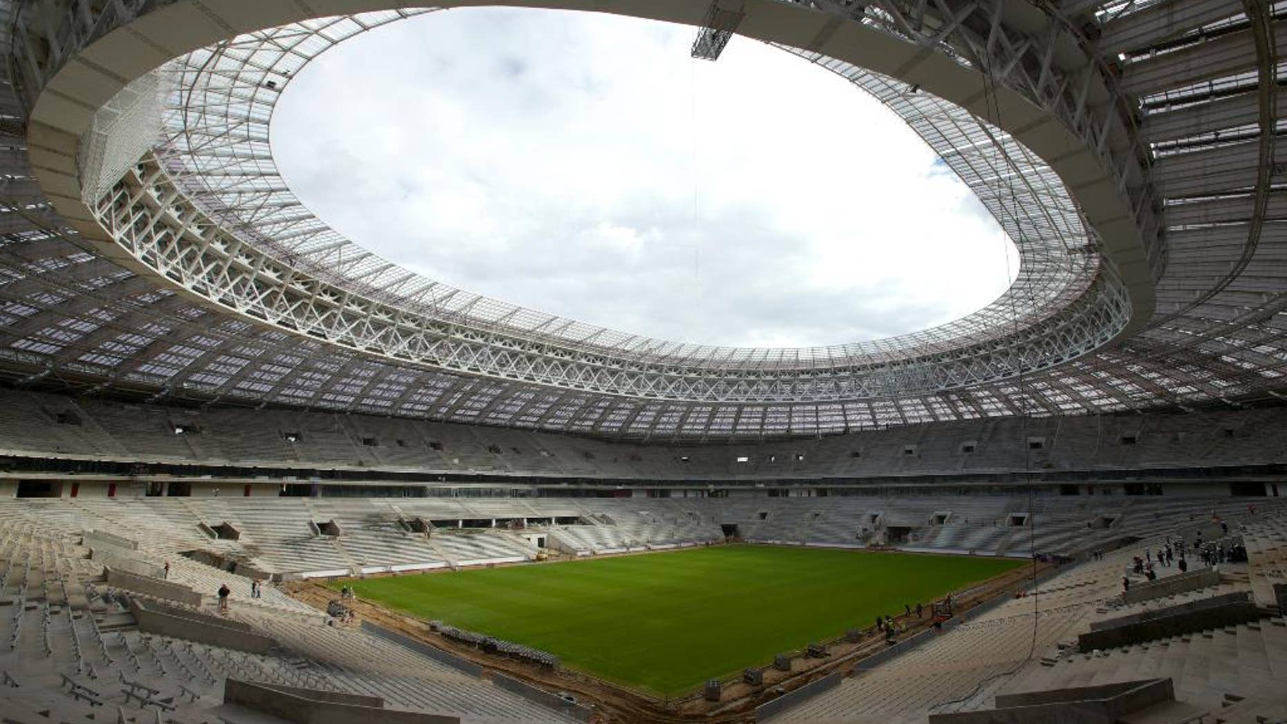 FILE - In this Wednesday, Sept. 7, 2016 file photo, a view of the Luzhniki stadium, which is undergoing a major rebuild to be ready to host the 2018 World Cup final, in Moscow, Russia. FIFA has disbanded its anti-racism task force, declaring the work complete despite ongoing concerns about discriminatory behavior in 2018 World Cup host Russia. (AP Photo/Ivan Sekretarev, File)