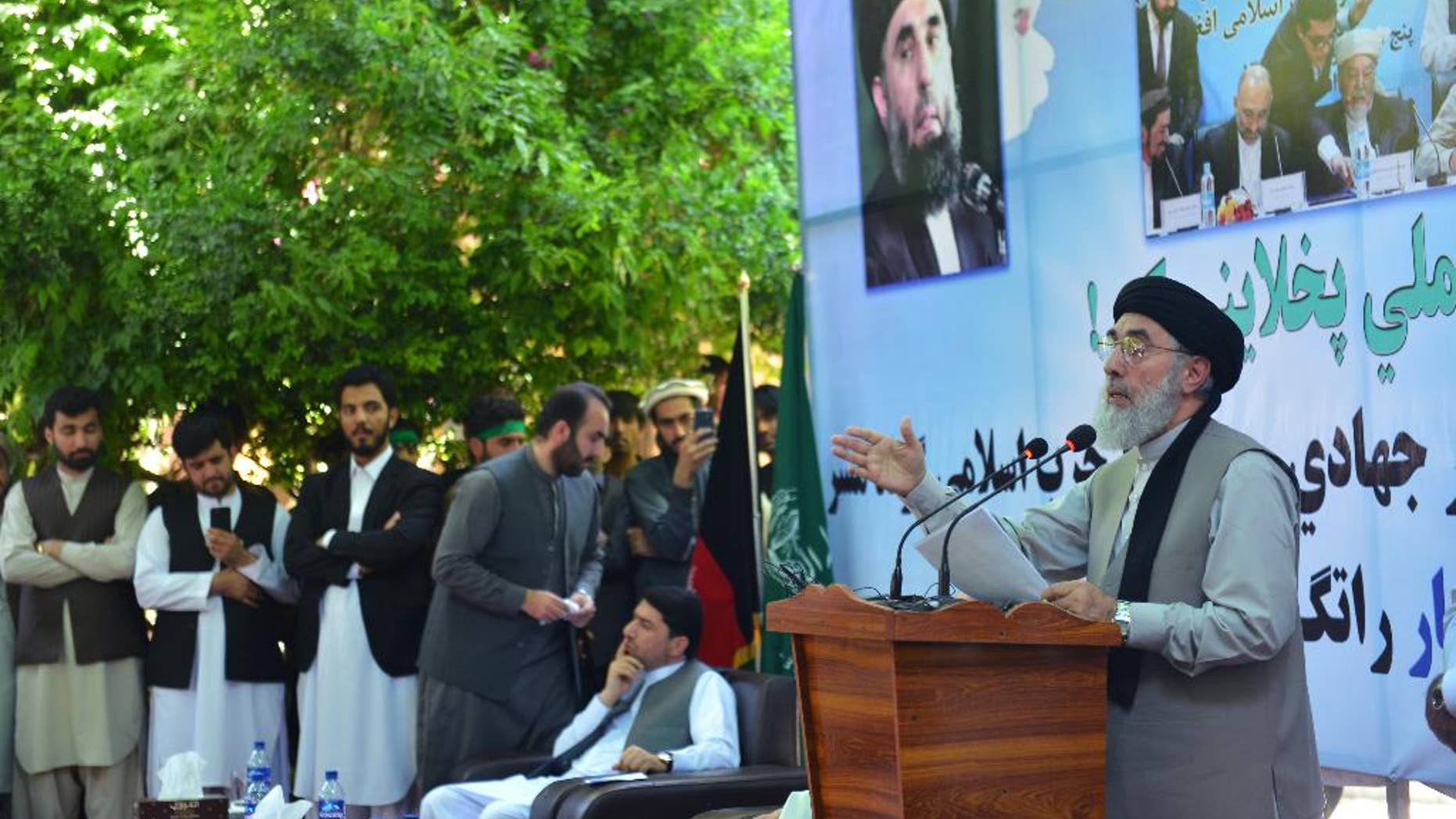 Warlord Gulbuddin Hekmatyar speaking in Mihtarlam city, the capital of eastern Laghman province, Afghanistan, on Saturday.