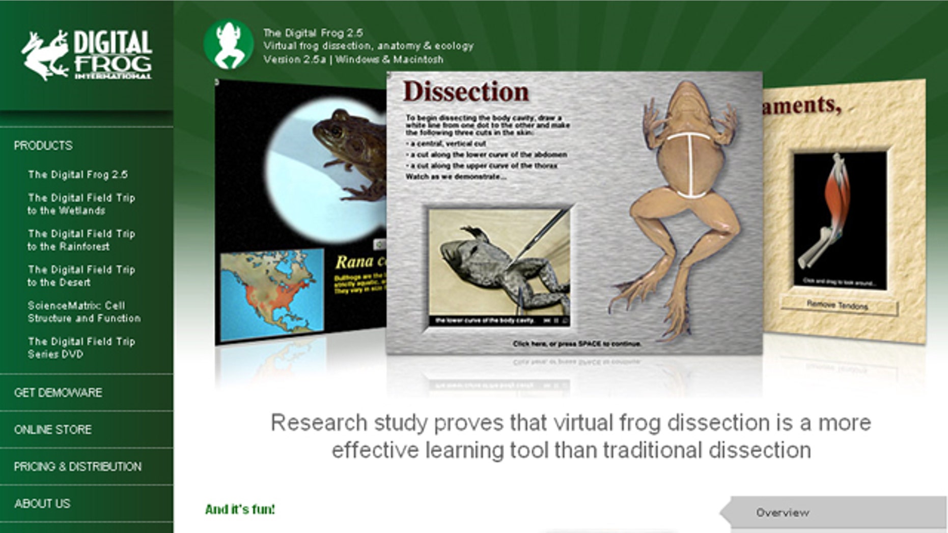 The website for The Digital Frog, software that lets students virtually dissect frogs.