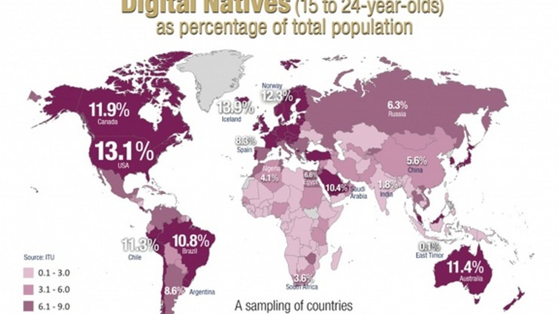 Digital natives as a percentage of each country's total population.