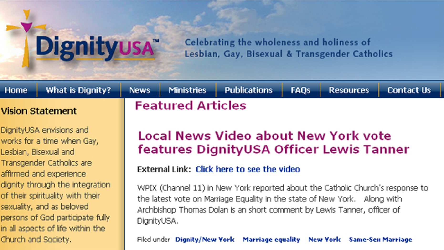 Shown here is the homepage of DignityUSA, one of the sites blocked by a Missouri school district's filters.