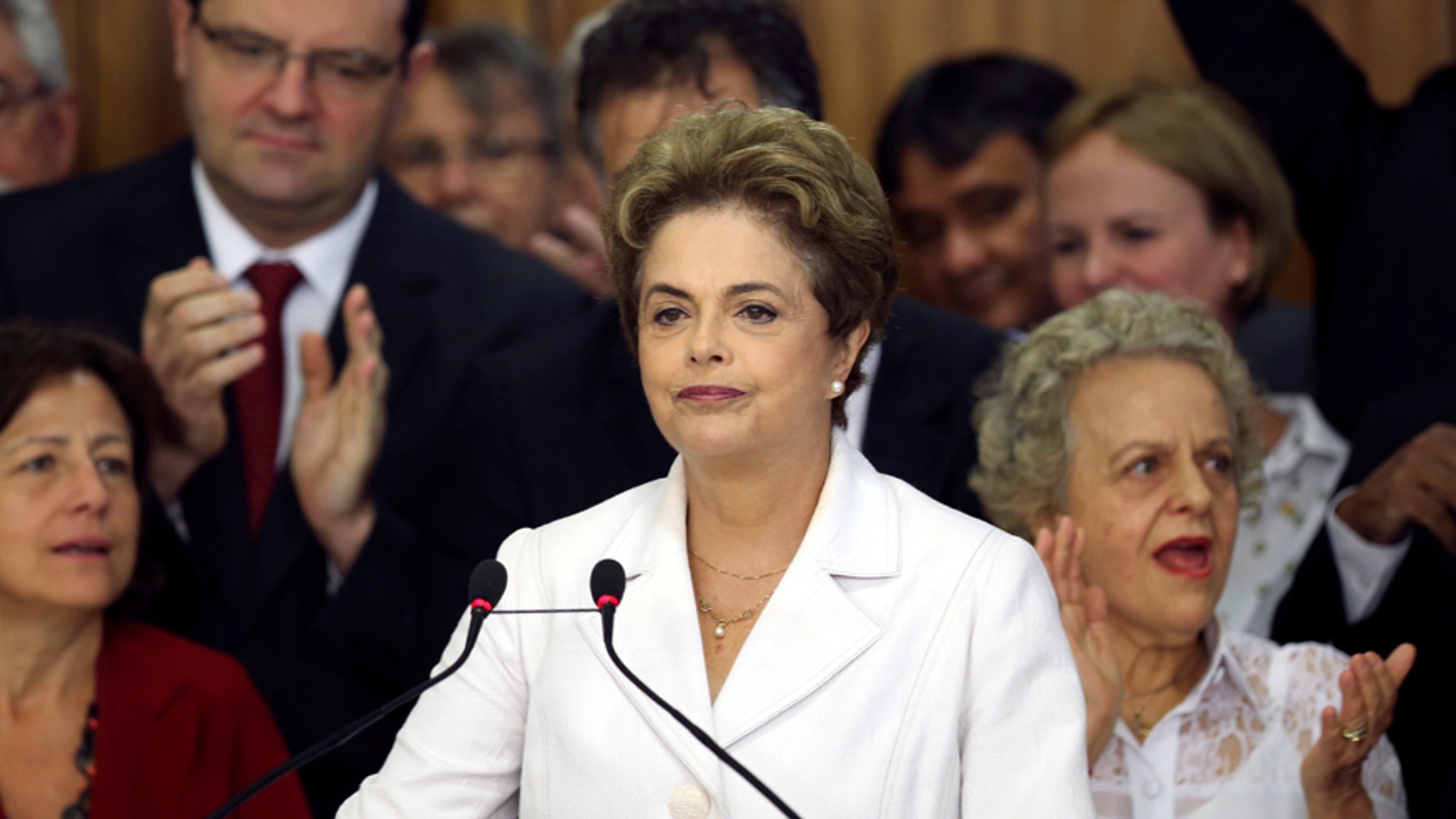 May 12, 2016: Suspended Brazilian President Dilma Rousseff addresses the audience after the Brazilian Senate voted to impeach her for breaking budget laws, at Planalto Palace in Brasilia, Brazil.