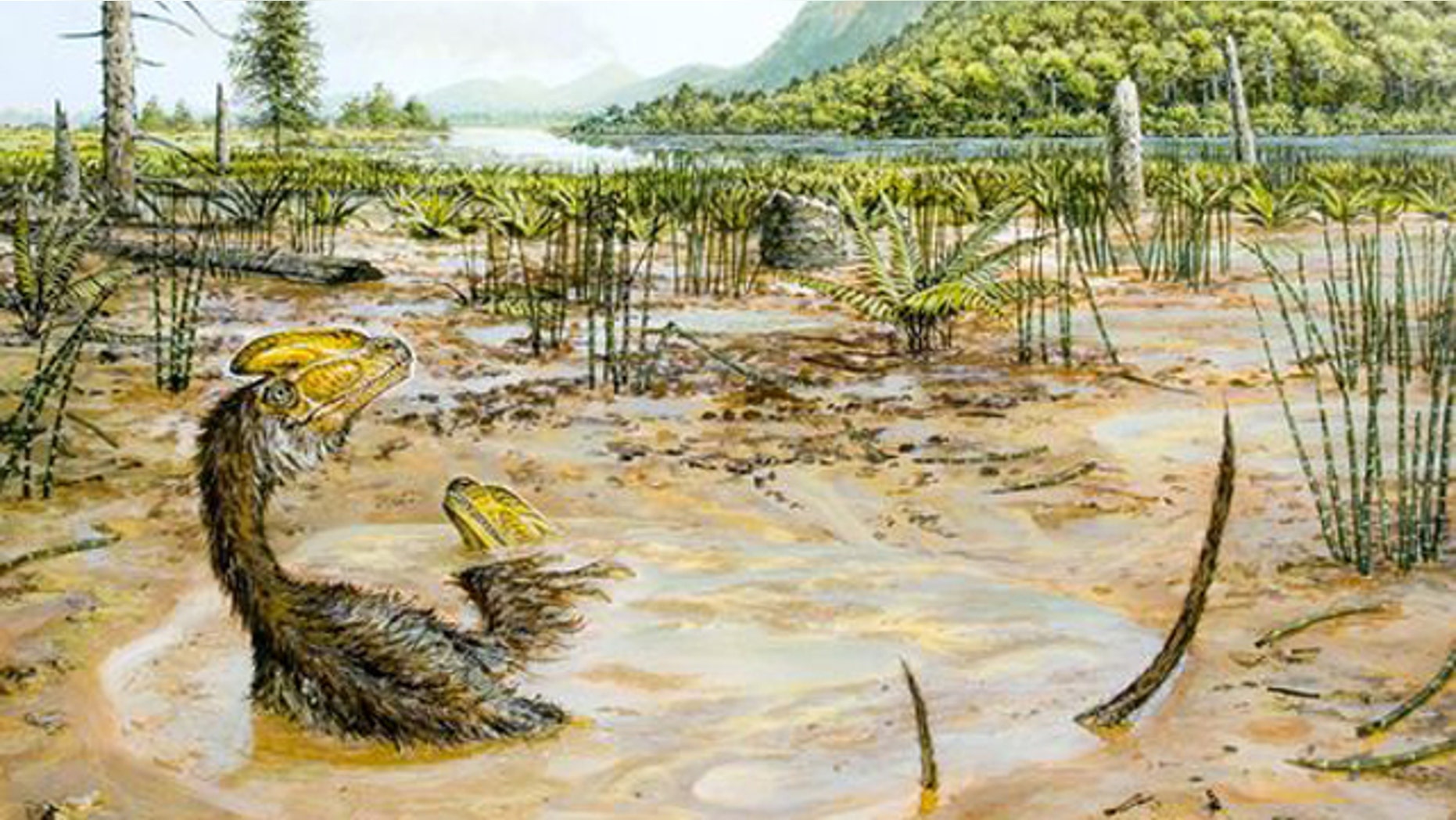 Two small Guanlong wucaii dinosaurs struggle to escape a muddy pit in what is now China during the late Jurassic period.