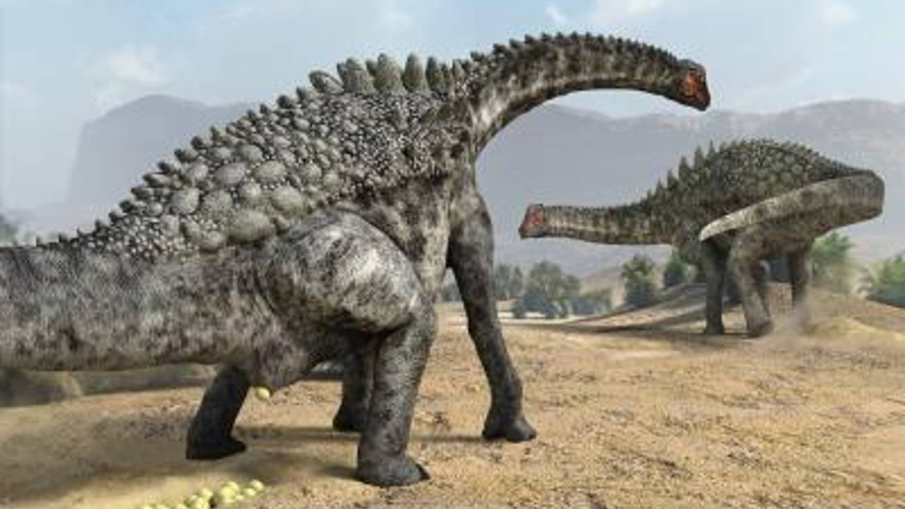 This is an artist's impression of the egg-laying of the sauropod Ampelosaurus.