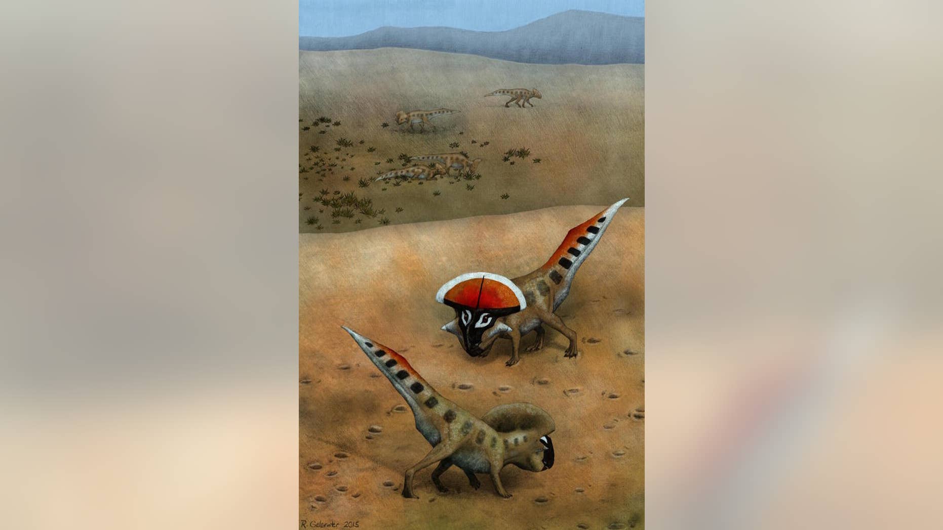 An illustration of two <i>Protoceratops andrewsi</i> signaling to each other, with less mature animals of their kind seen in the background.