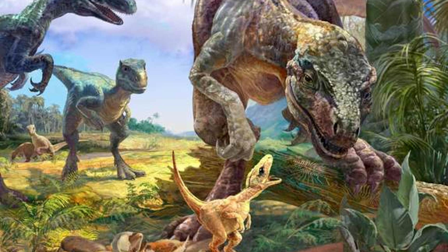 Researchers discovered the nest and embryo fragments from a primitive theropod Torvosaurus. Here, an artist interpretation of the theropod overlooking its nest.