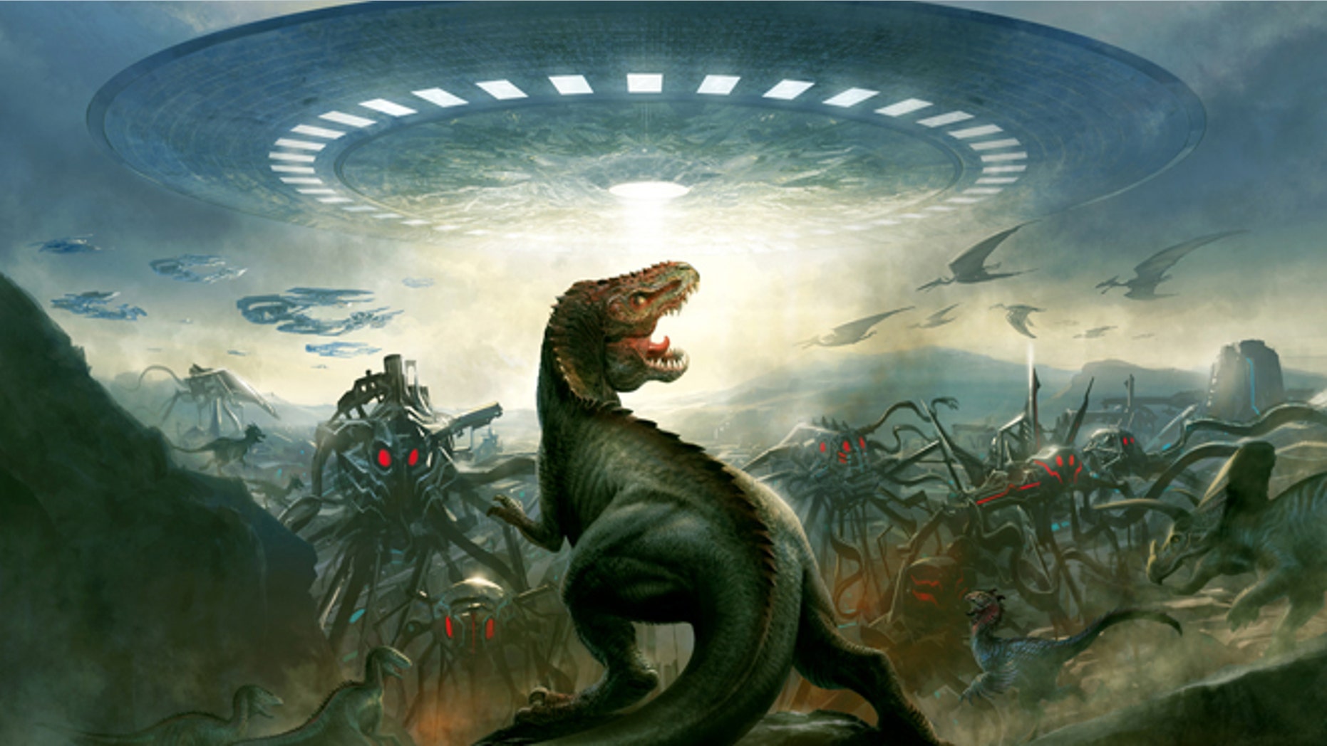 Liquid Comics' interactive digital app, E-Book and graphic novel Dinosaurs Vs. Aliens pits supersmart dinosaurs against supersmart aliens.