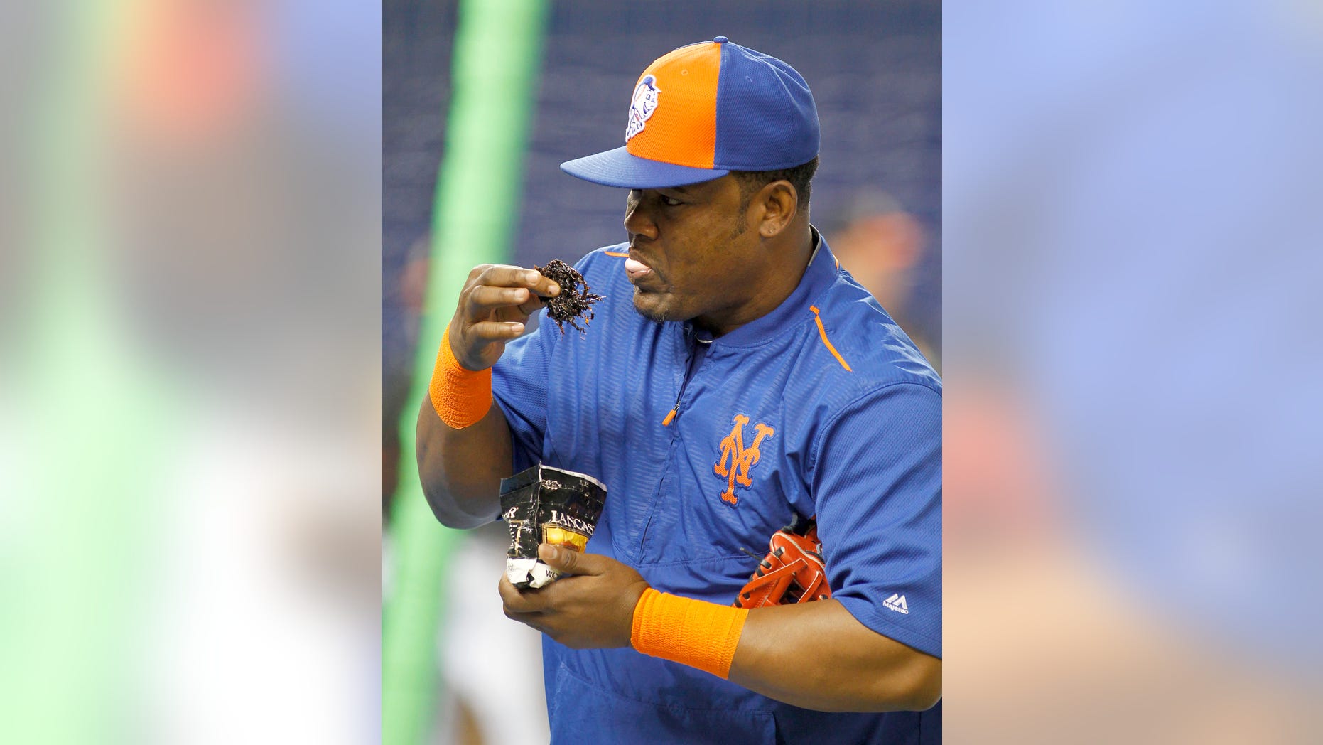 Juan Uribe uses chewing tobacco during batting practice before a Mets game in 2015.