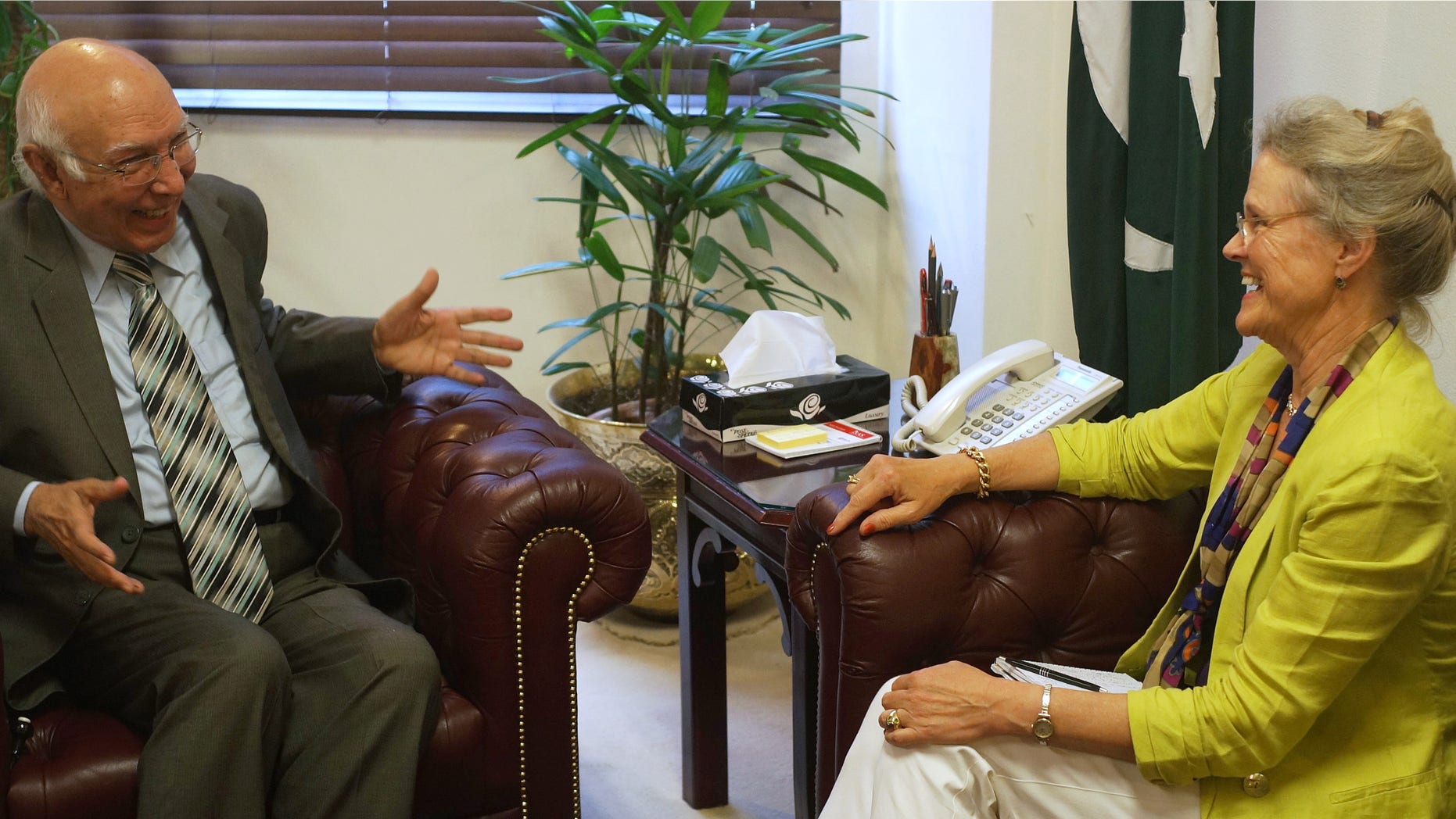 Sept. 11, 2013: Pakistan's adviser to the national security and foreign affairs Sartaj Aziz, left, meets Robin Raphel, U.S. Special Representative for Afghanistan and Pakistan