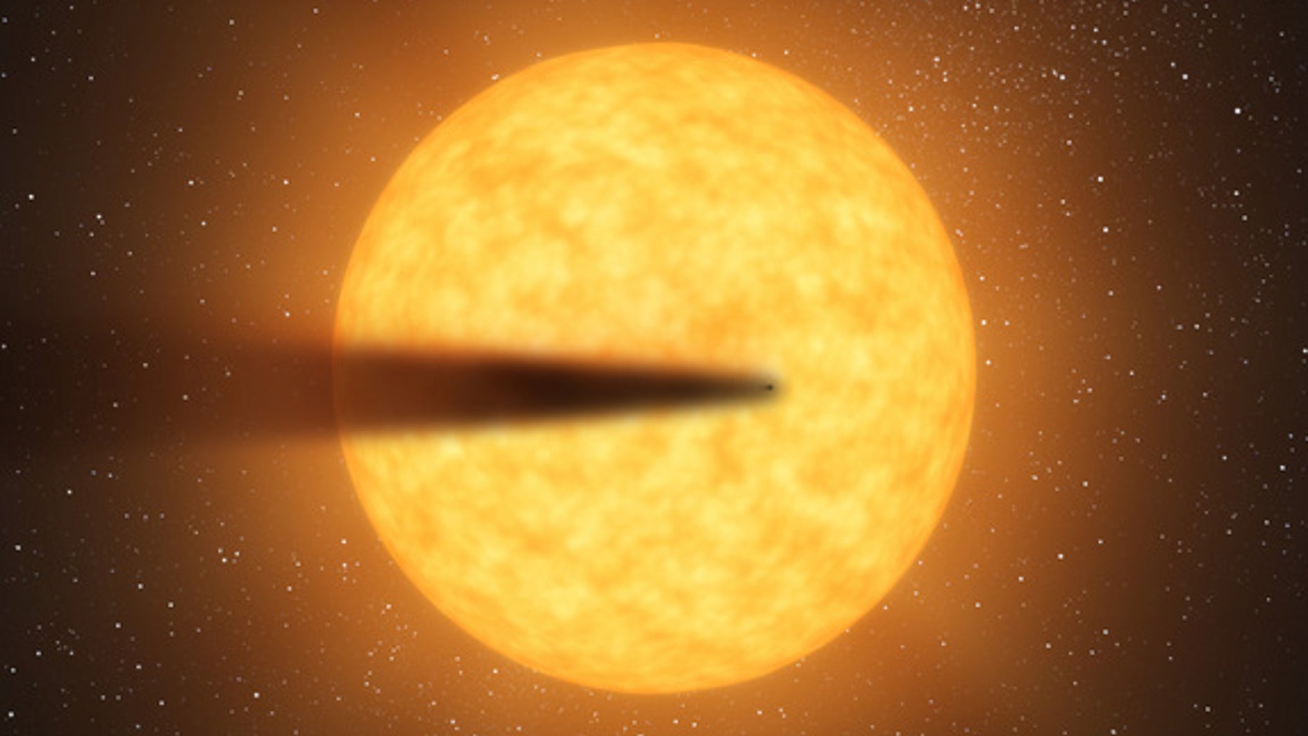 This artist's concept depicts a cometlike tail of a possible disintegrating super Mercury-size planet candidate as it transits, or crosses, its parent star, named KIC 12557548. At an orbital distance of only twice the diameter of its star, the