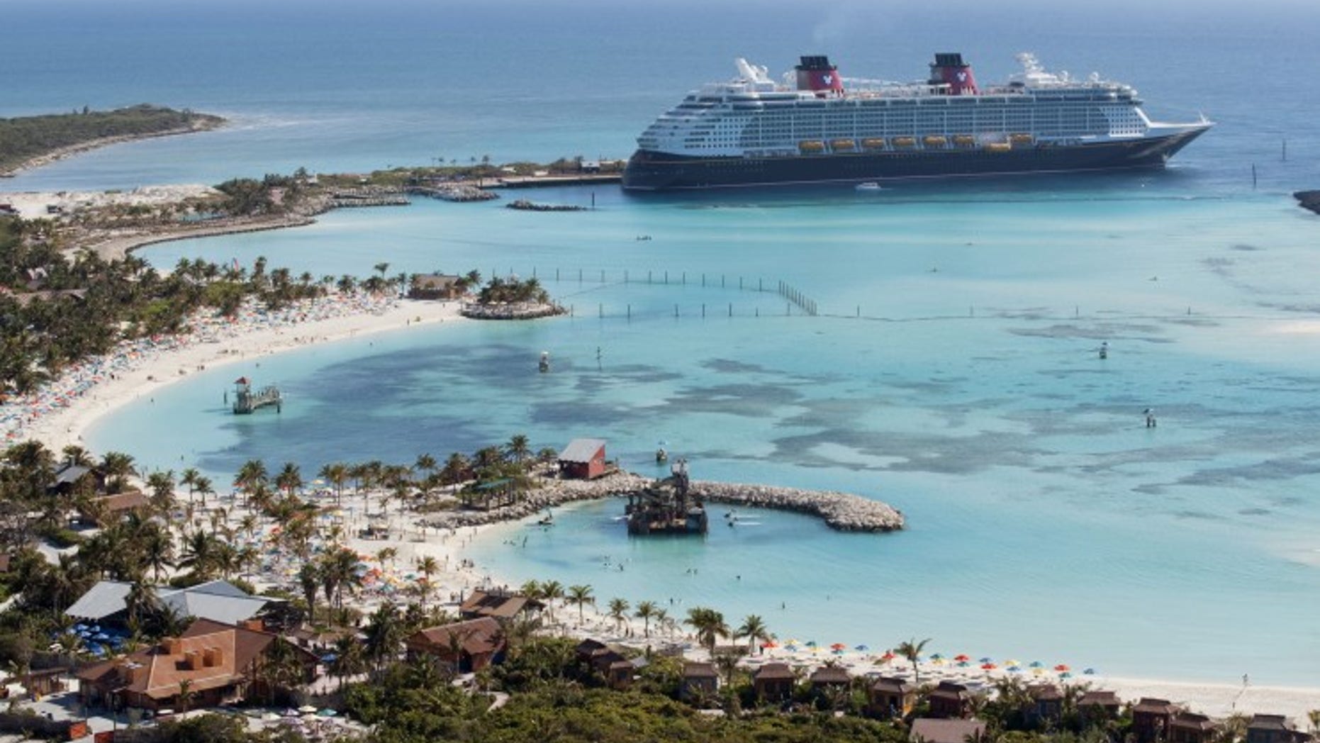 The Disney dream docks at Castaway Cay, Disney's private island in the Bahamas.