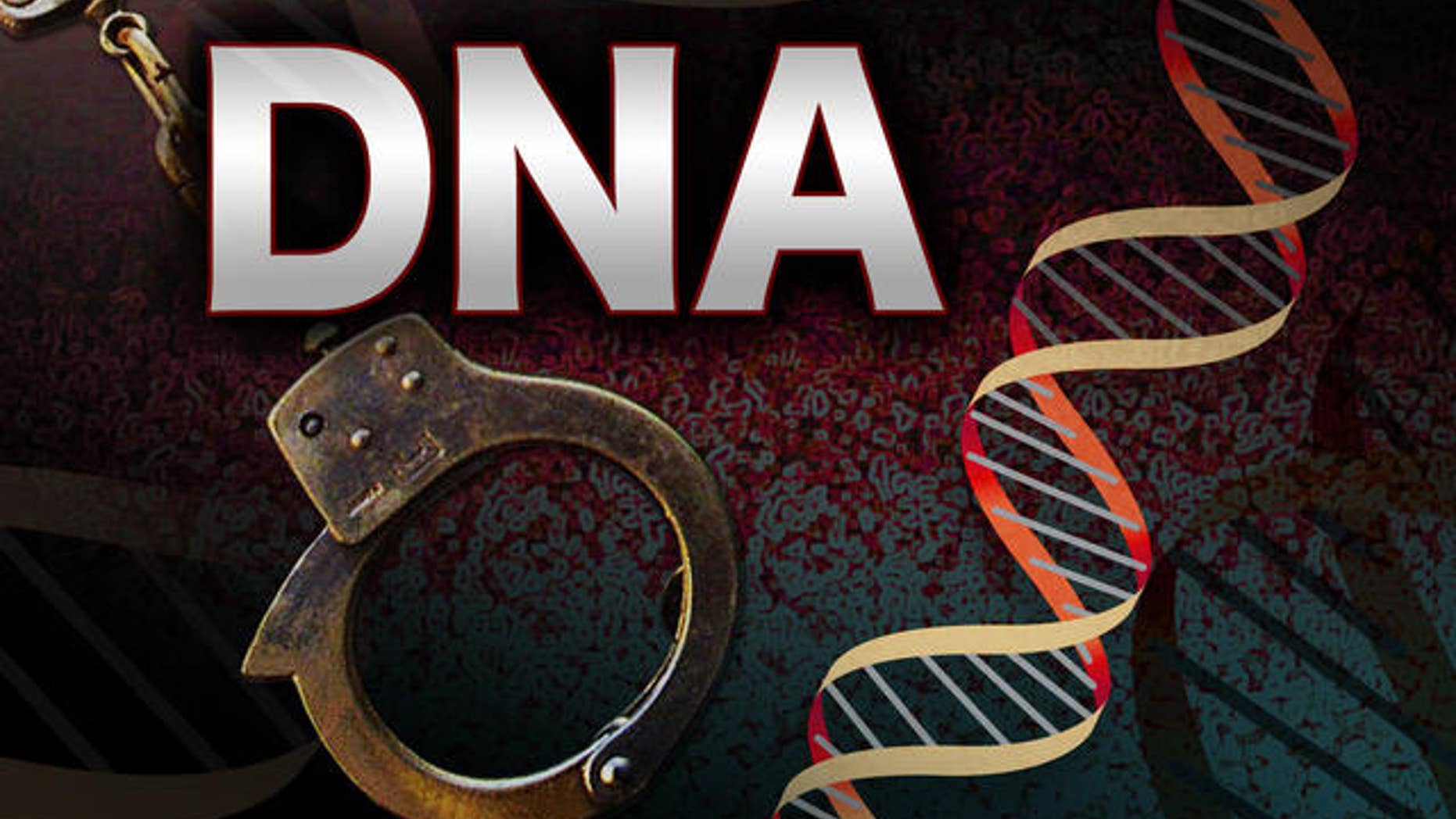 DNA molecule, double helix, drawing, on texture with handcuffs and DNA lettering. (AP)