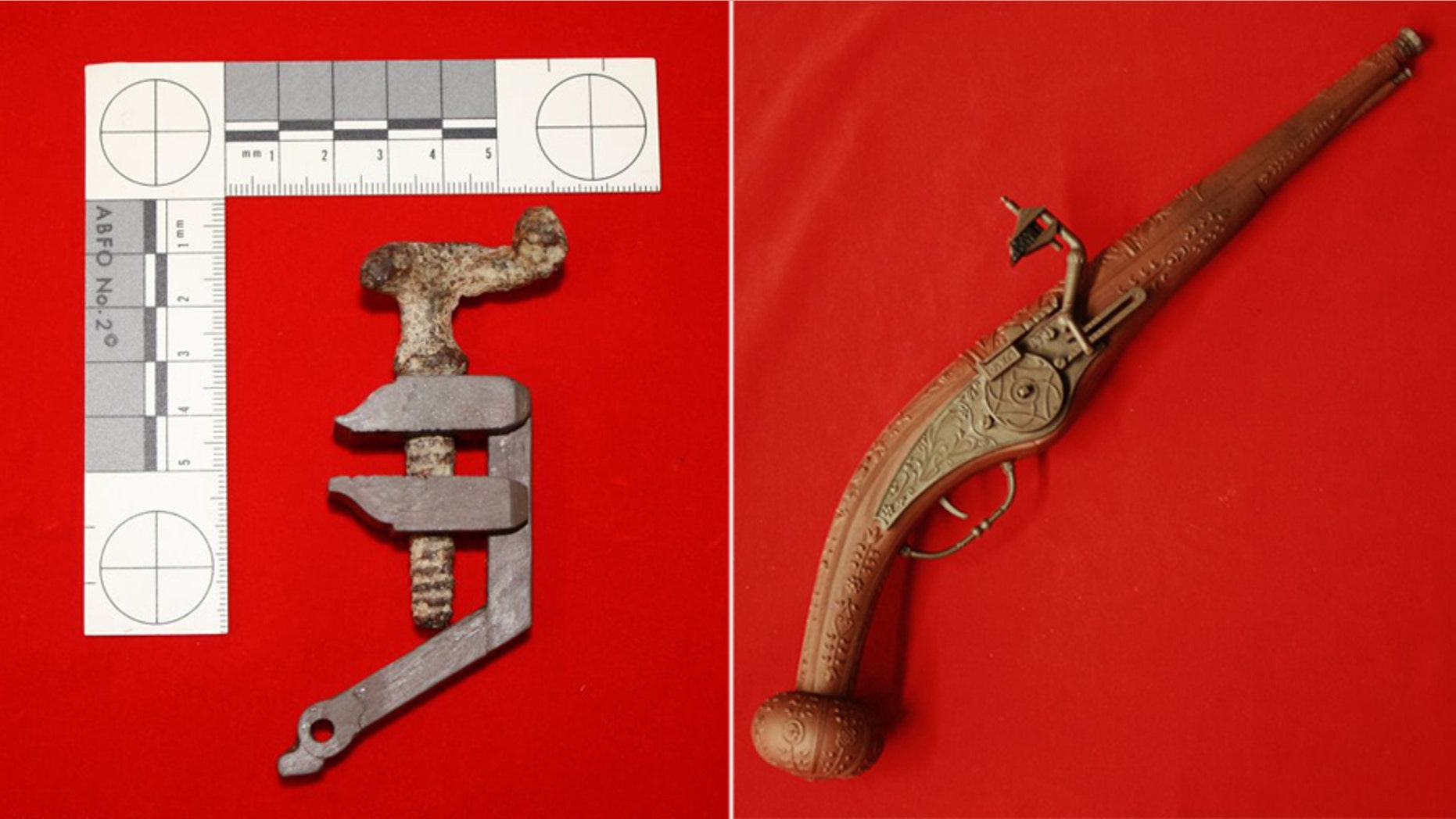 The dog screw in a recreated wheellock arm and a model wheellock pistol (Courtesy of the Museums of Western Colorado)