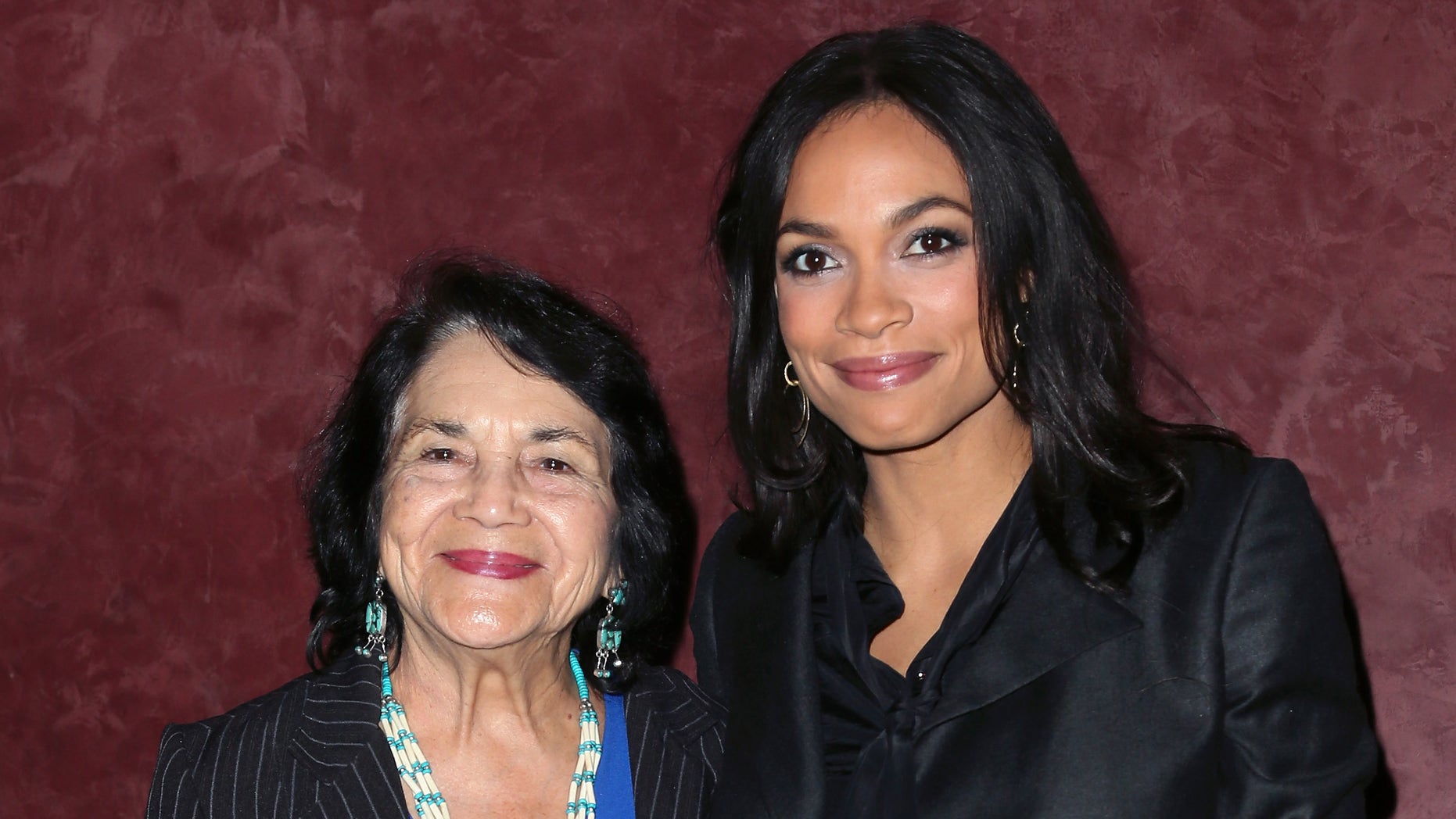 LOS ANGELES, CA - MARCH 28: Labor leader and civil rights activist Dolores Huerta (L) and actress Rosario Dawson, who plays Huerta in the film, attend a screening of "Cesar Chavez" at Landmark Theatres on March 28, 2014 in Los Angeles, California. (Photo by David Livingston/Getty Images)