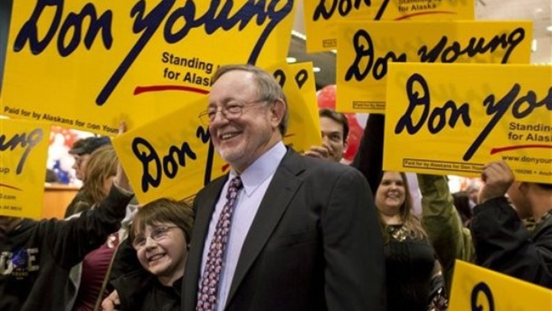 Rep. Don Young, R-Alaska, greets supporters Tuesday Nov. 2, 2010 in Anchorage Alaska.