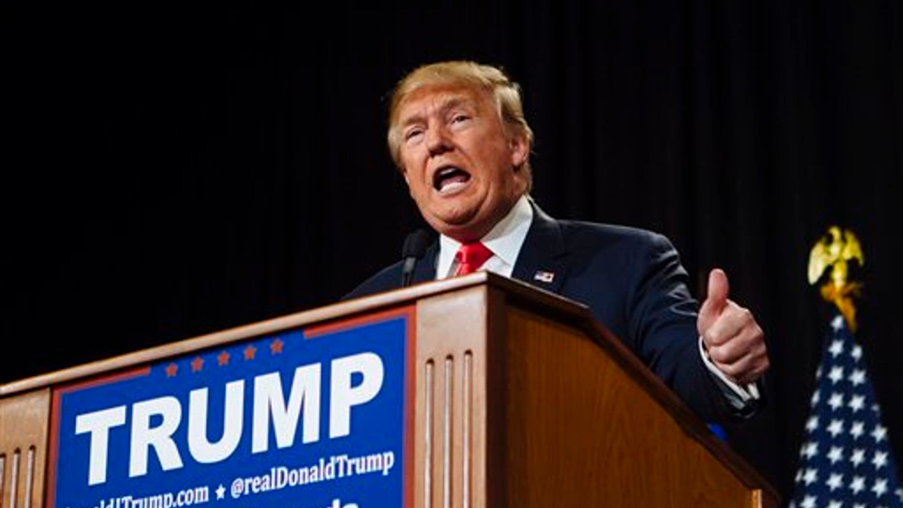 Fil e photo - Republican Presidential candidate Donald Trump speaks at a rally at the South Point Hotel, Casino, and Spa in Las Vegas on Thursday, Jan. 21, 2016. (Mikayla Whitmore/Las Vegas Sun via AP)