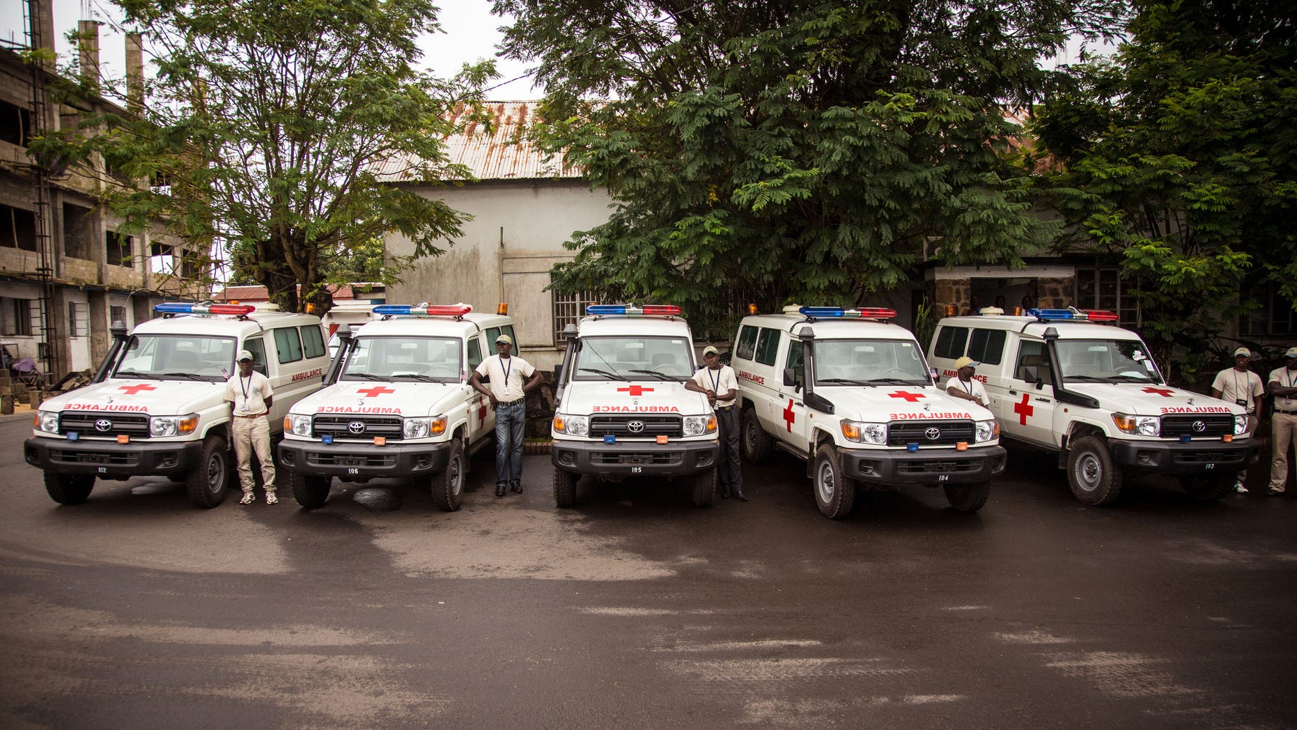 Sept. 10, 2014: Five ambulances that were donated by the U.S. to help combat the Ebola virus are lined up following a ceremony attended by Sierra Leone's president Ernest Bai Koroma, in Freetown, Sierra Leone.