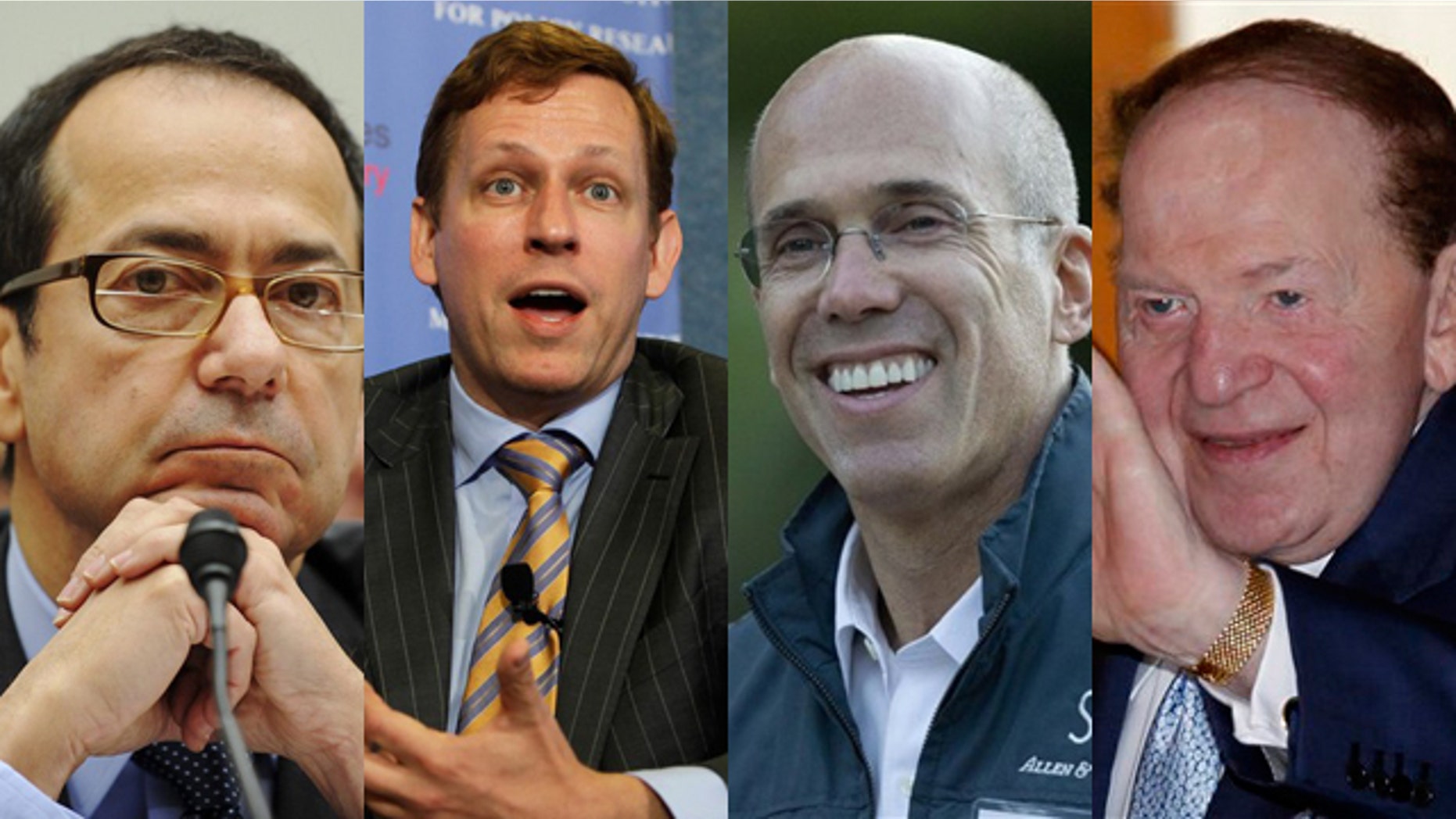 Shown here are supporters of 2012 candidate Super PACs. From left to right are: hedge fund investor John Paulson, PayPal co-founder Peter Thiel, DreamWorks executive Jeffrey Katzenberg, and casino magnate Sheldon Adelson.