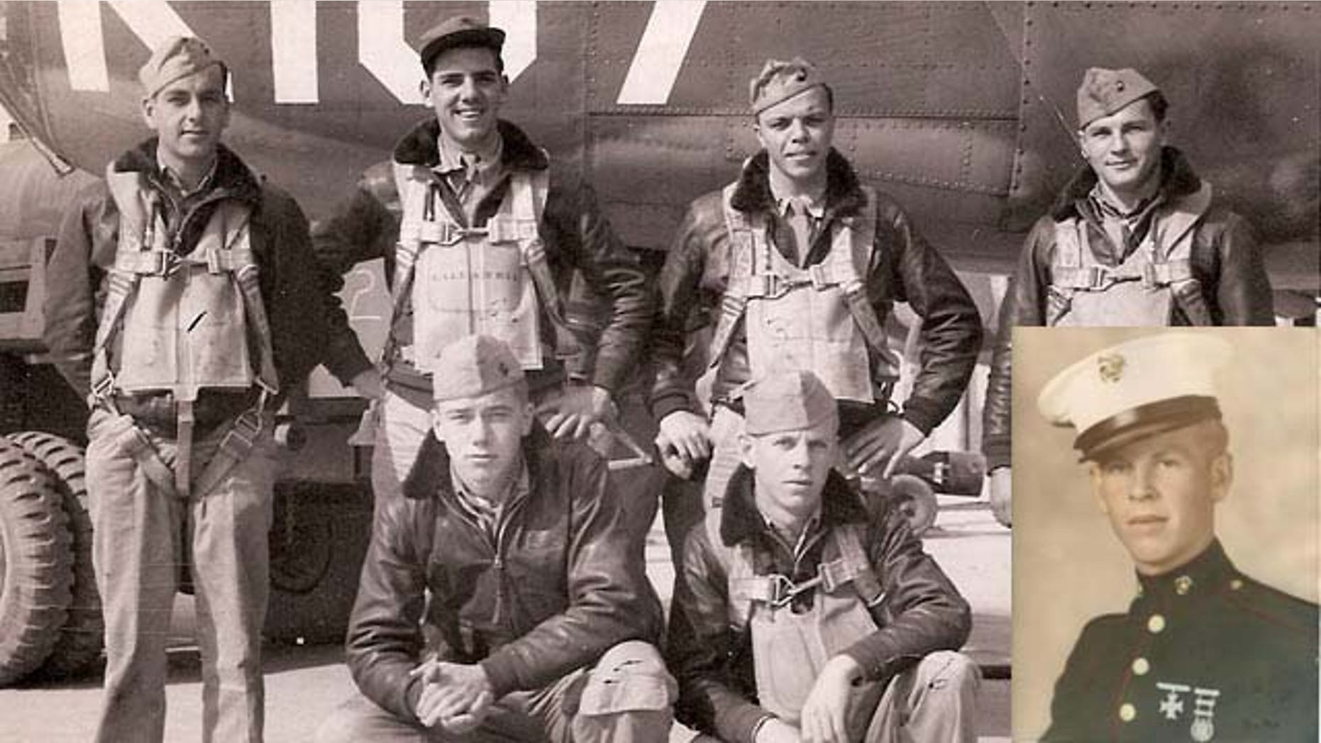 John Donovan, seen on right on the bottom row of the group picture, went missing in action after a flight mission in the south Pacific. His remains will be laid to rest on Friday.